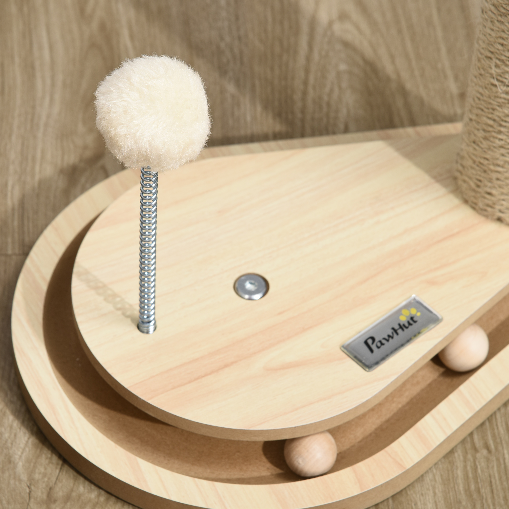 Kratzbaum für Kitten inkl. Spielzeug, Kugelbahn, Kugel mit Feder, 35 cm x 23 cm x 40 cm, Natur