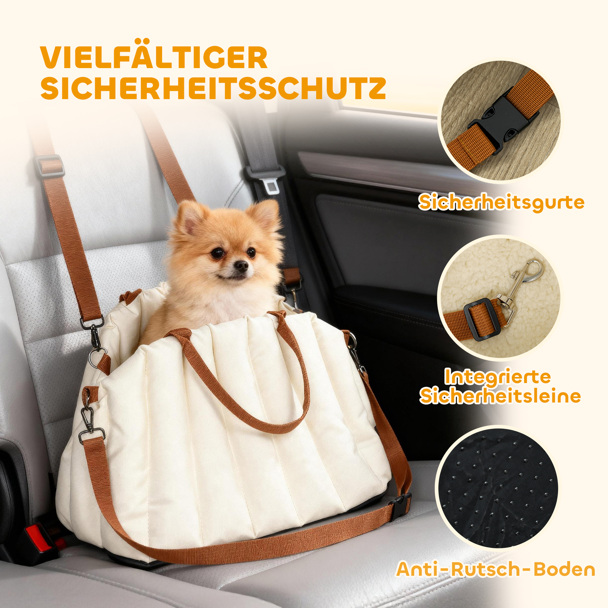 Hundetasche Hundetragetasche für Hunde unter 5 kg, 2 Gurte, Oxford-Stoff, Kissen, Leine, Cremeweiß