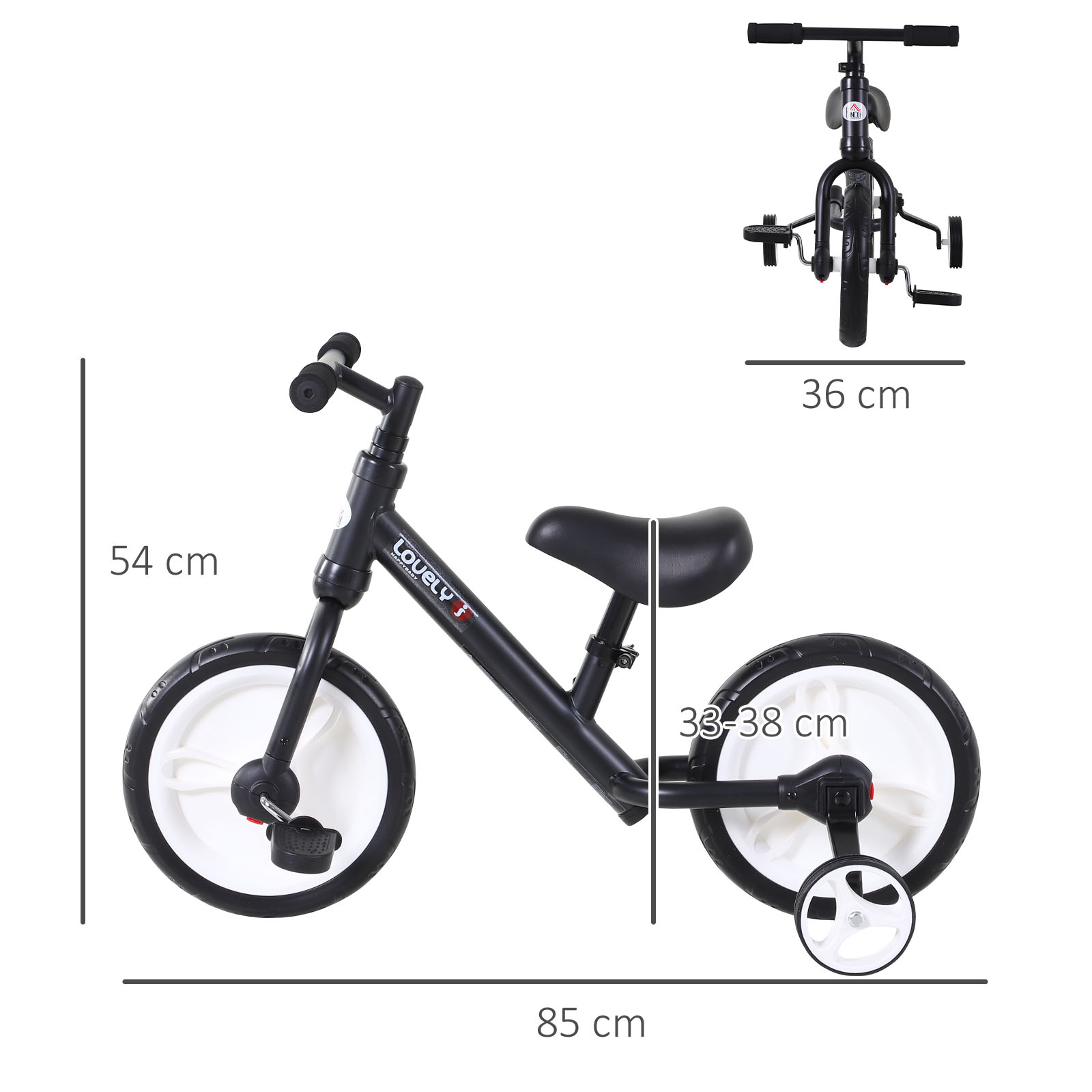Kinder Laufrad, Lauflernrad, Kinderfahrrad, 2-in-1, Kinderrad mit Stützrädern und Pedalen, 2-5 Jahre, Sitzhöhenverstellbar, PP, Schwarz, 85 x B36 x H54 cm