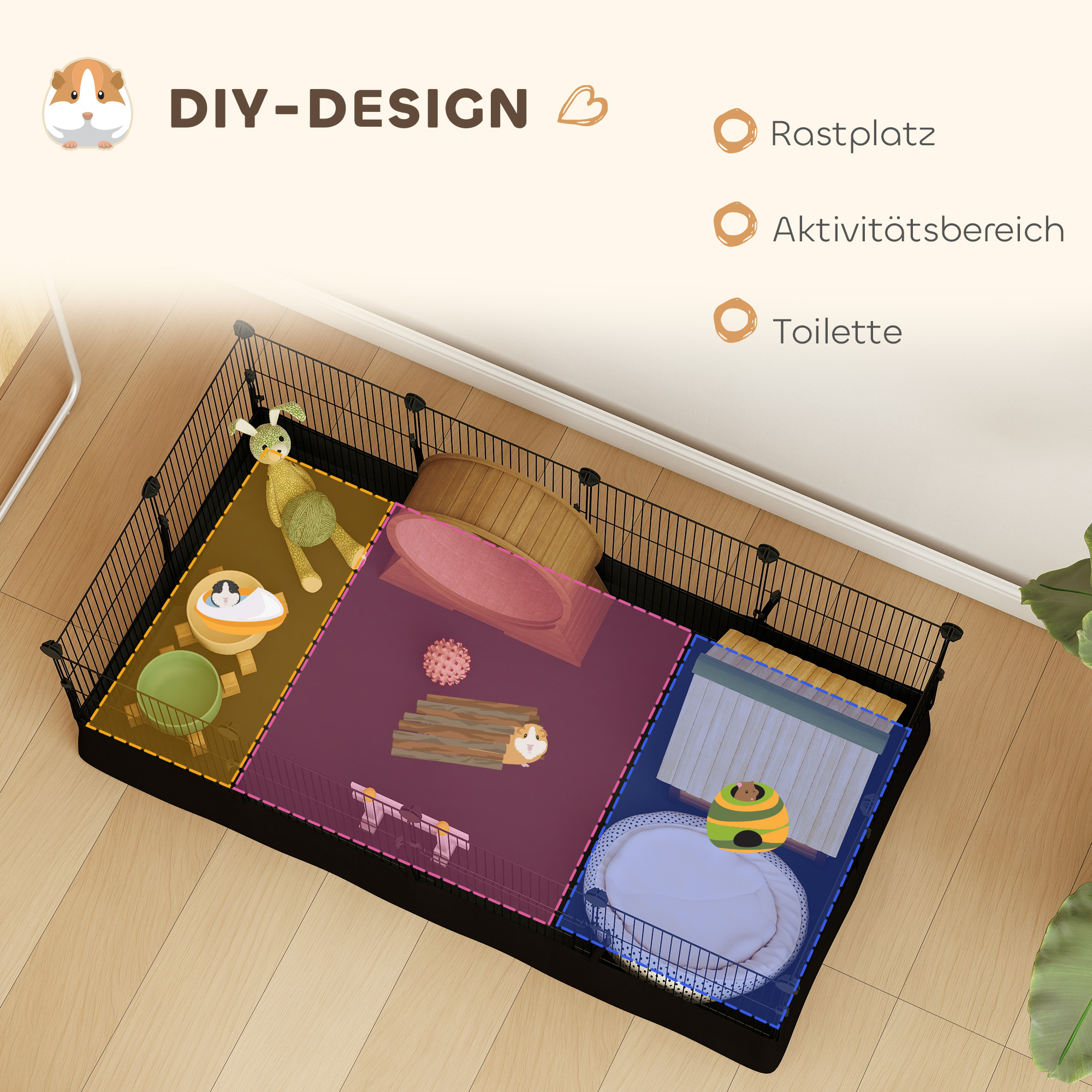 Freigehege, Freilaufgehege mit 12 Paneel, Laufstall für Kleintiere, Kaninchen, Meerschweinchen, 120x60x40 cm, Schwarz