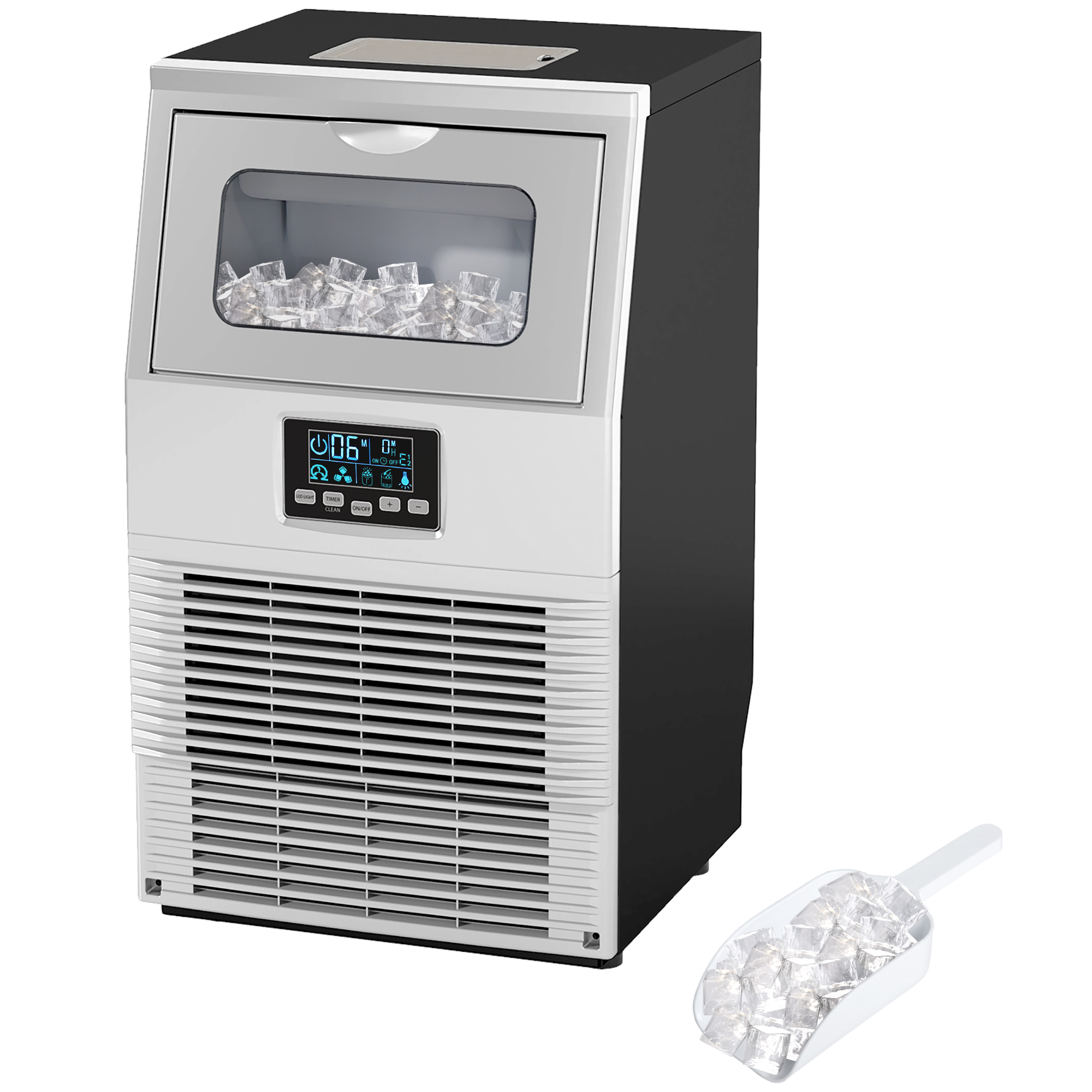 Eiswürfelmaschine, LED-Beleuchtung, leicht lesbare Anzeigen, mit Schaufel, Silber