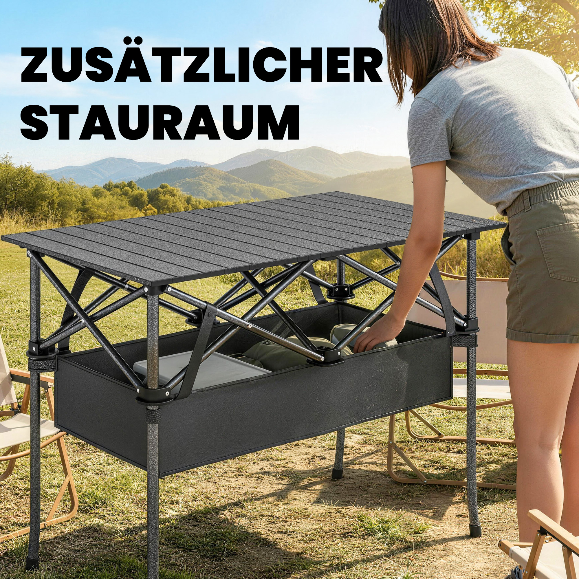 klappbarer rollbarer Picknicktisch Tragbarer Campingtisch mit Netzablage und Tragetasche für den Außenbereich, Schwarz