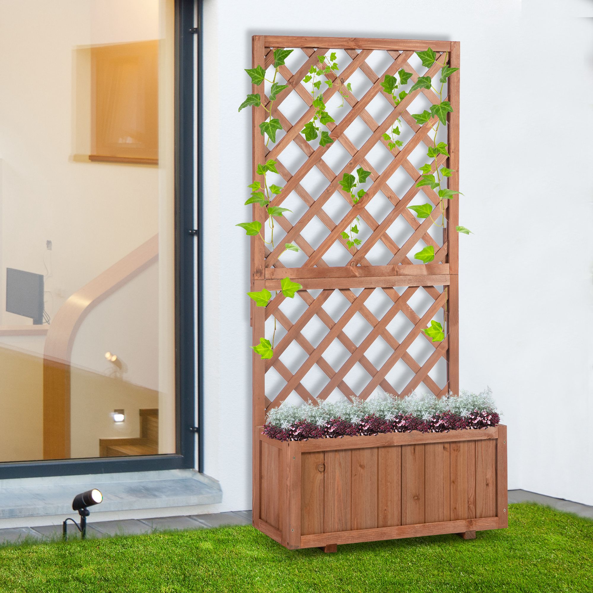 Hochbeet Pflanzenkasten mit Rankgitter, Spalier Pflanzkübel, Blumenkasten Holz, 72,5x31,5x149,5cm für Garten Balkon Terasse, Blumenkübel für Kletterpflanzen, Blumen, Orange