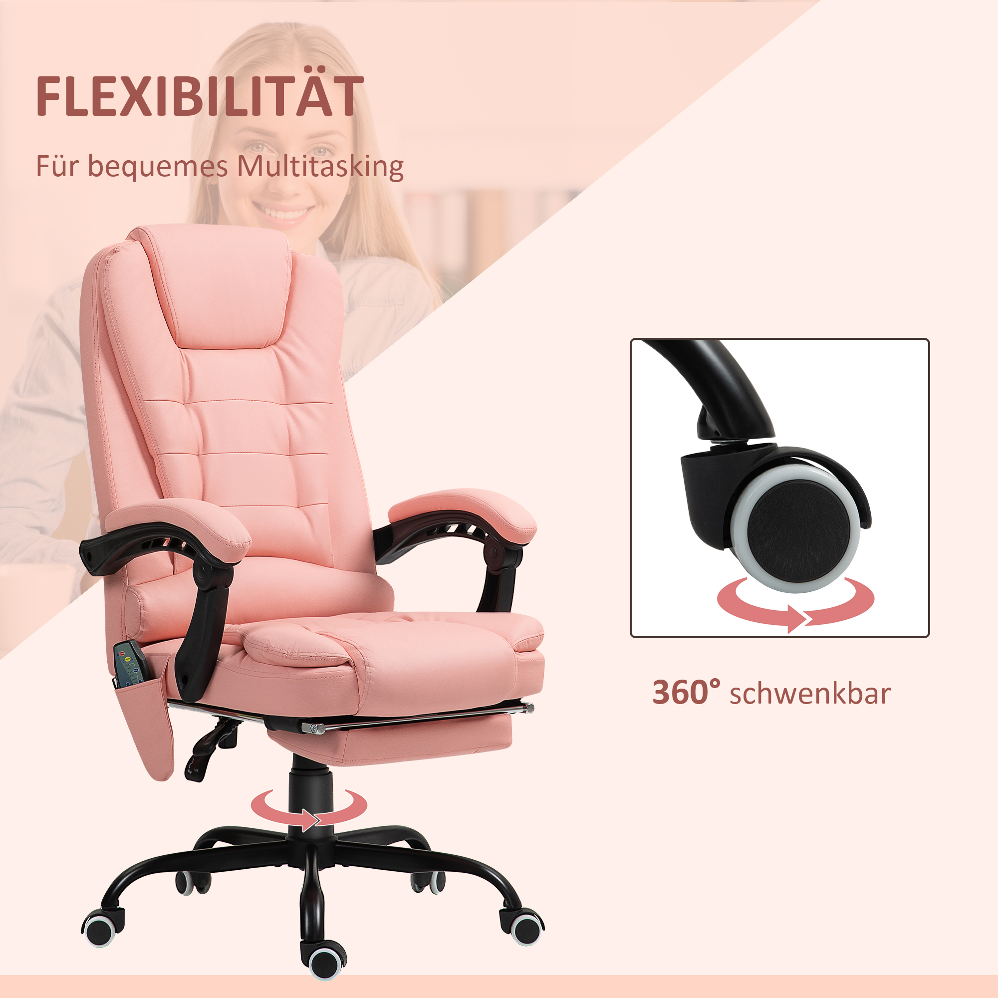 Massage-Bürostuhl, 7 Vibrationspunkte, verstellbare Fußstütze & Lehne, bis 120 kg, Lederoptik, Rosa
