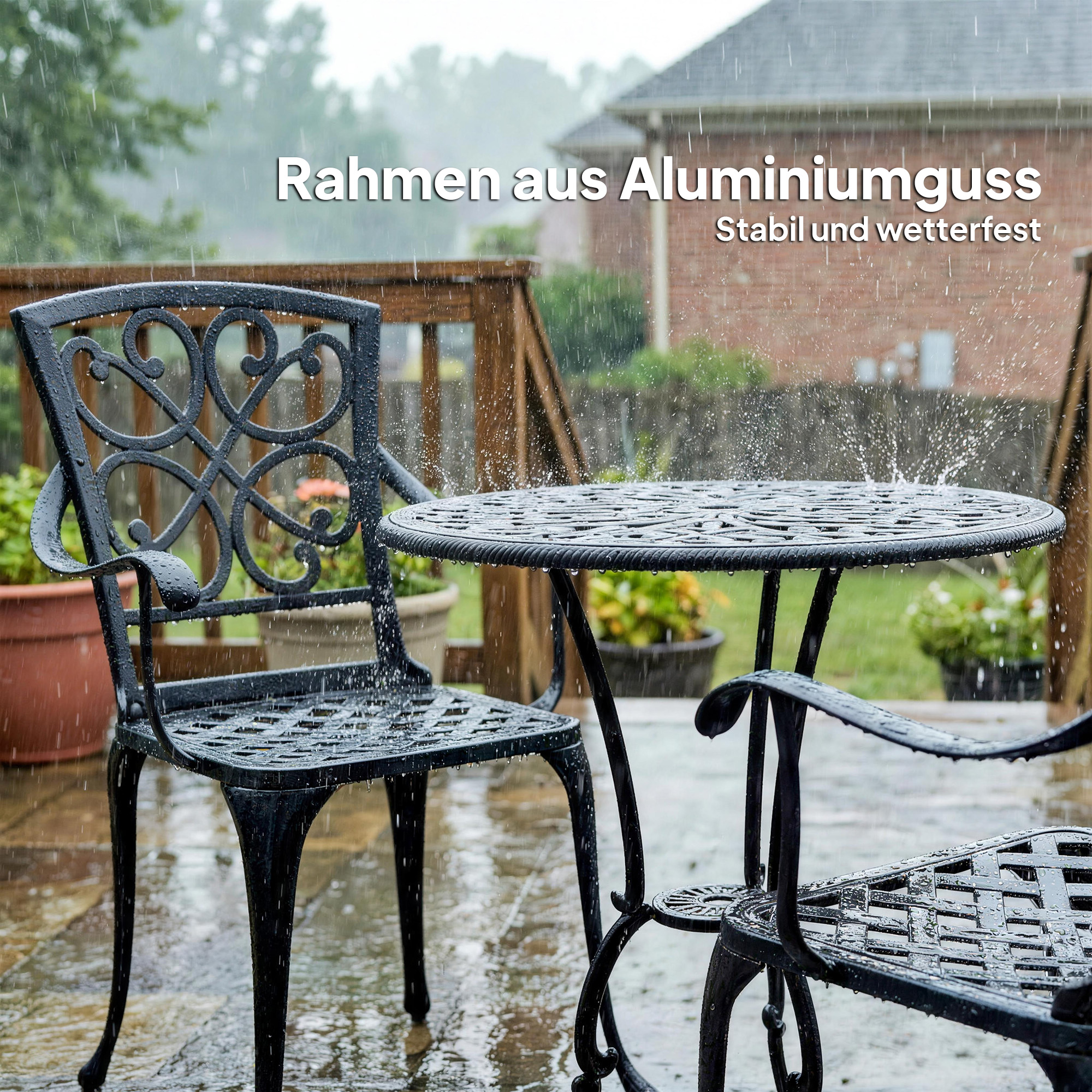 3-teiliges Garten Bistro Set runder Bistrotisch mit 2 Stühlen Sonnenschirmloch, Antik aus Aluminiumguss