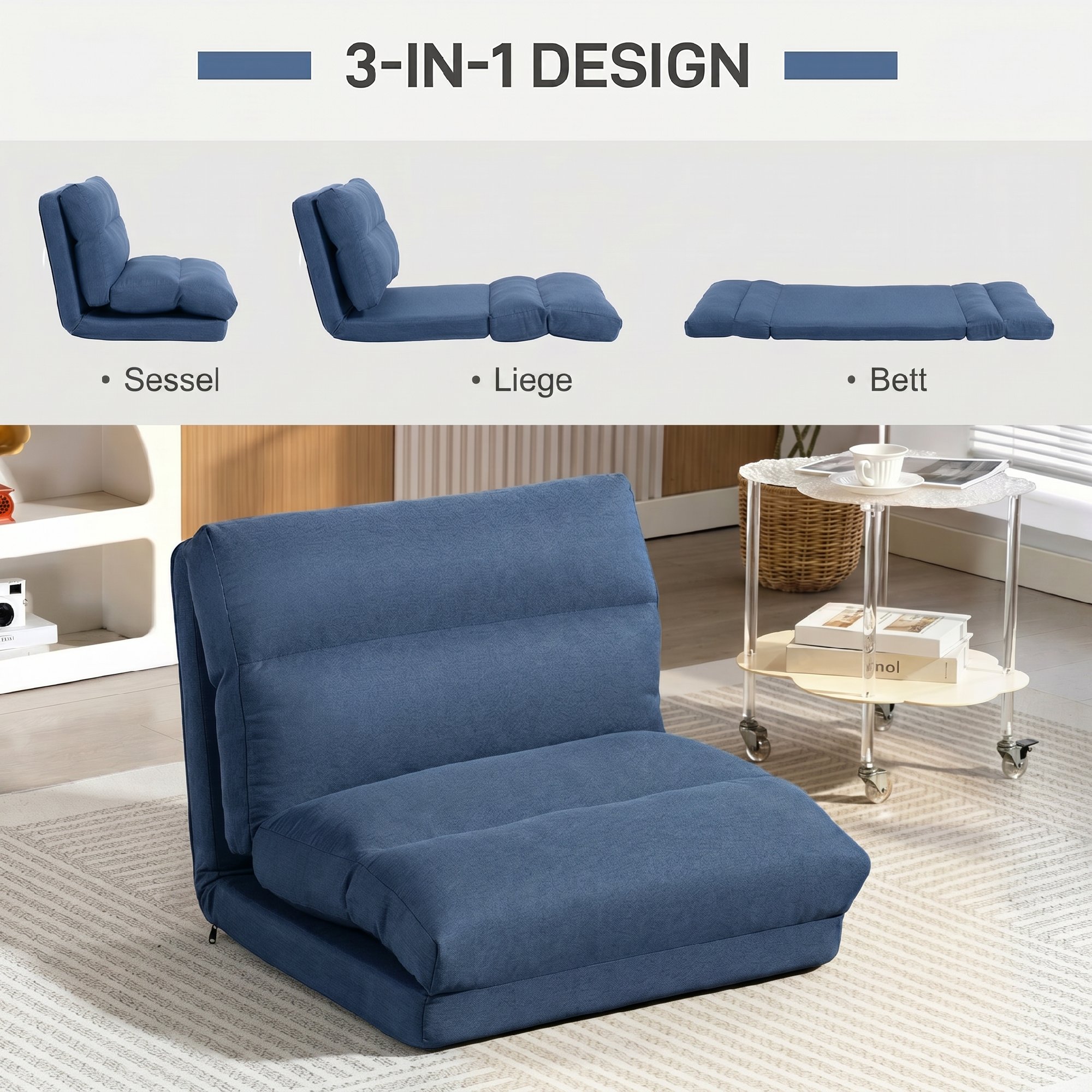 Sitzsack mit Bettfunktion, neigbare Lehne, klappbar, bis 120kg, 70 x 72 x 56 cm, Dunkelblau