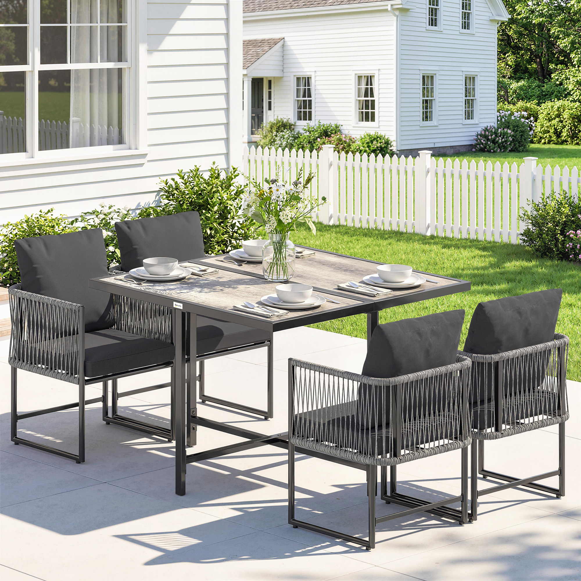 Polyrattan Gartenmöbel Set 5-teilig Platzsparend Sitzgruppe Tisch mit 4 Stühlen DPC-Tischplatte Kissen Grau