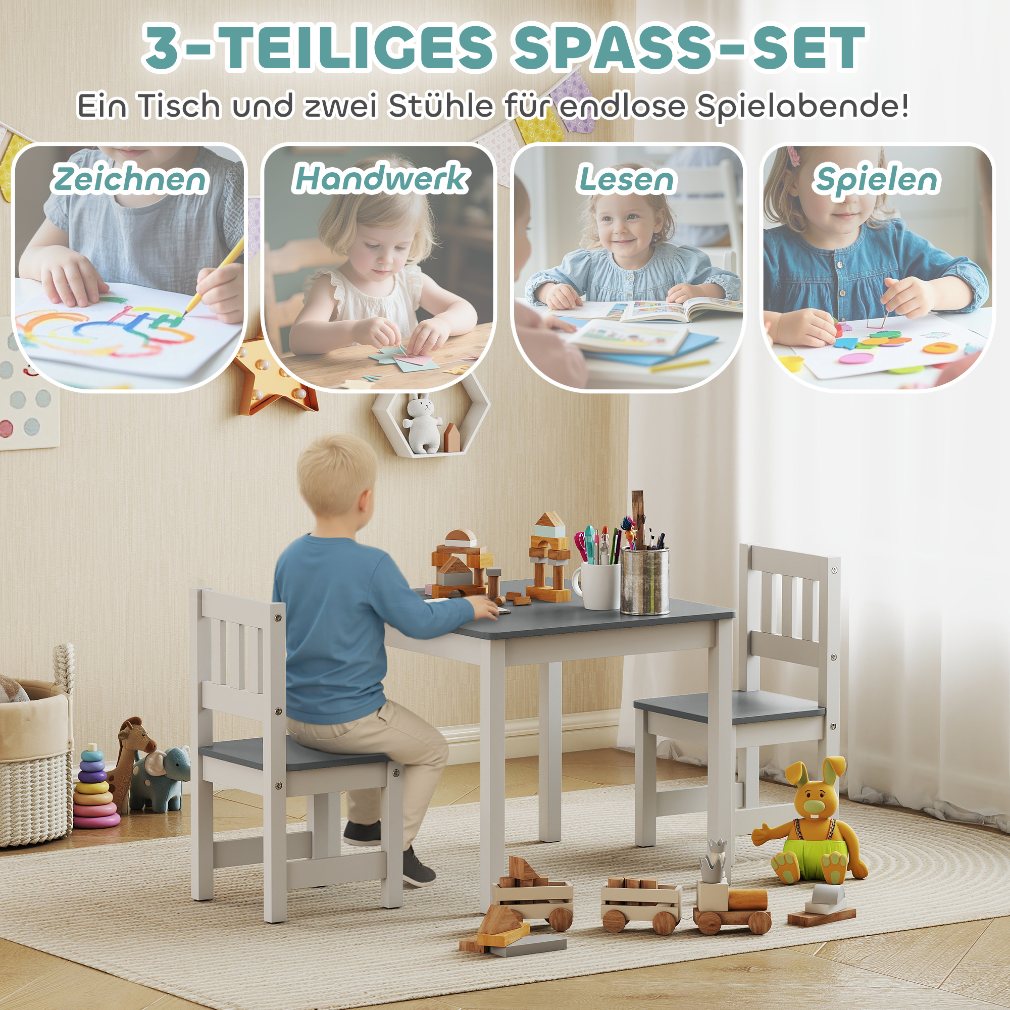 Kindertisch mit 2 Stühlen, 3tlg Kindersitzgruppe, Sitzgruppe für Kinder, Kindermöbel, 56 x 52 x 48 cm Grau