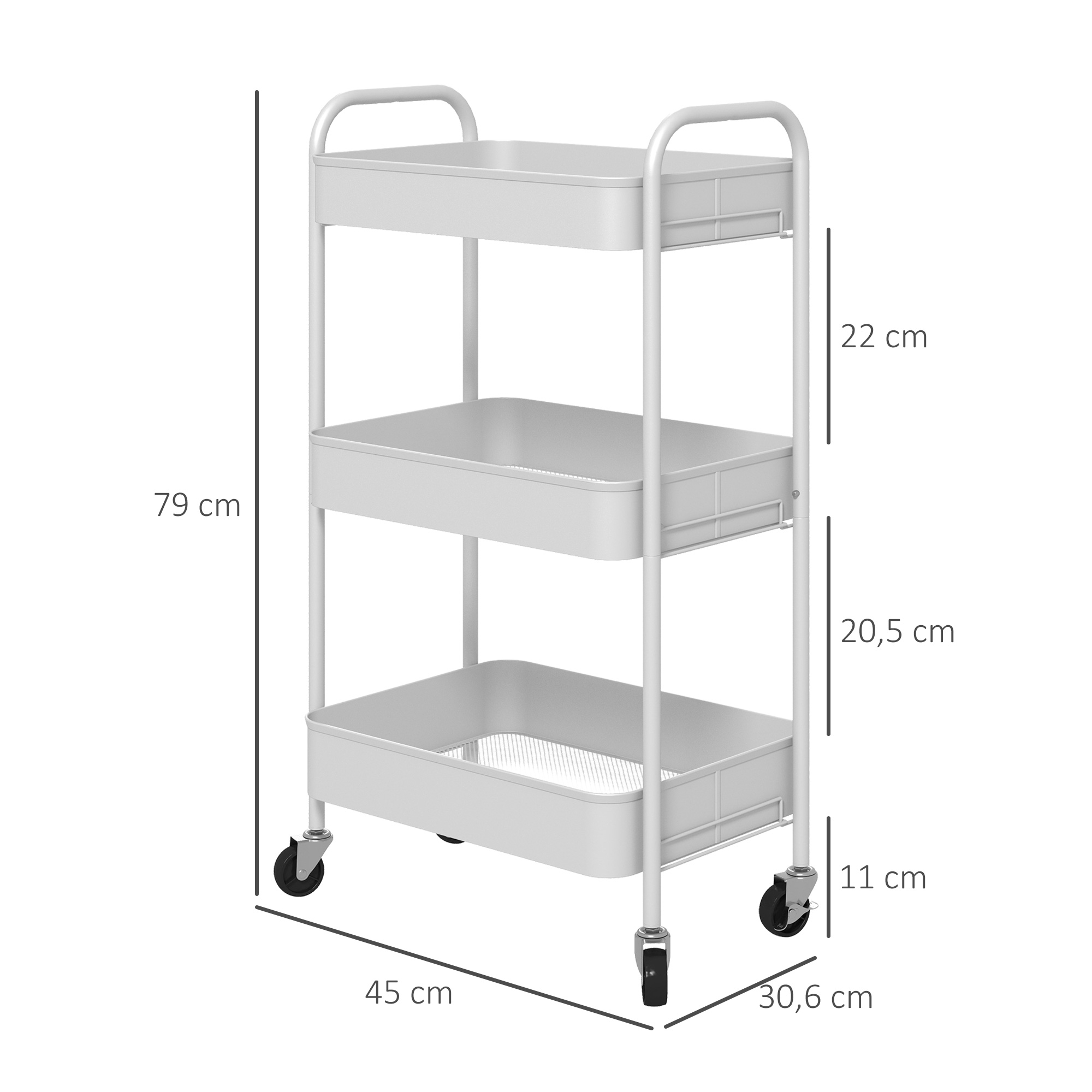 Mehrzweckwagen Rollwagen Küchenwagen, 3 Regale, 4 Rollen, 45 cm x 30,6 cm x 79 cm, Weiß