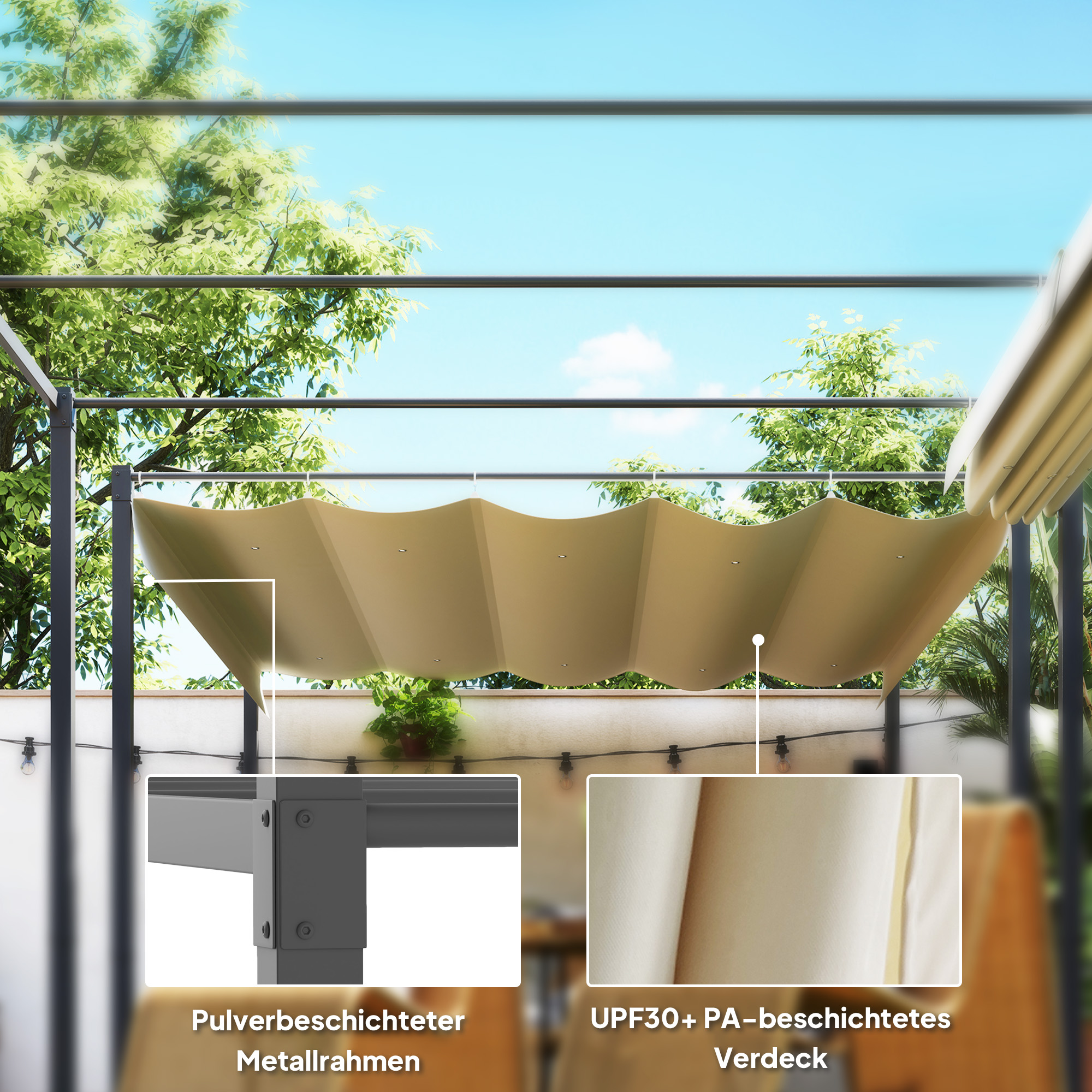 3 x 3 m Garten-Pergola mit einziehbarem Dach, Pavillon, Baldachin für Schatten, UPF30+, Beige