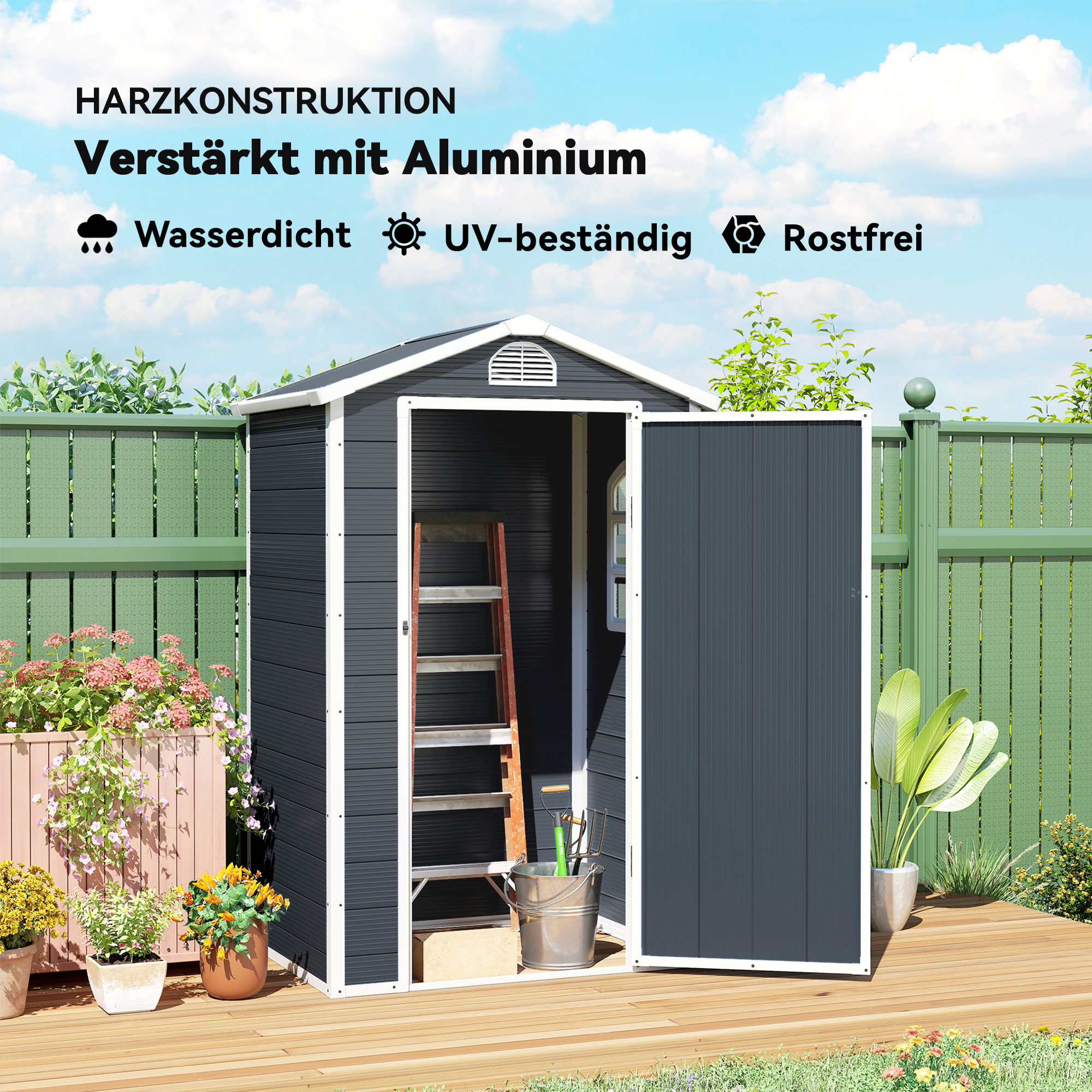 Gerätehaus Kunststoff 1,9m² 134x104x204cm Geräteschuppen mit Satteldach Tür wetterfest Gartenhaus Outdoor Garten Schuppen Schrank für Hinterhof Außenbereich Dunkelgrau