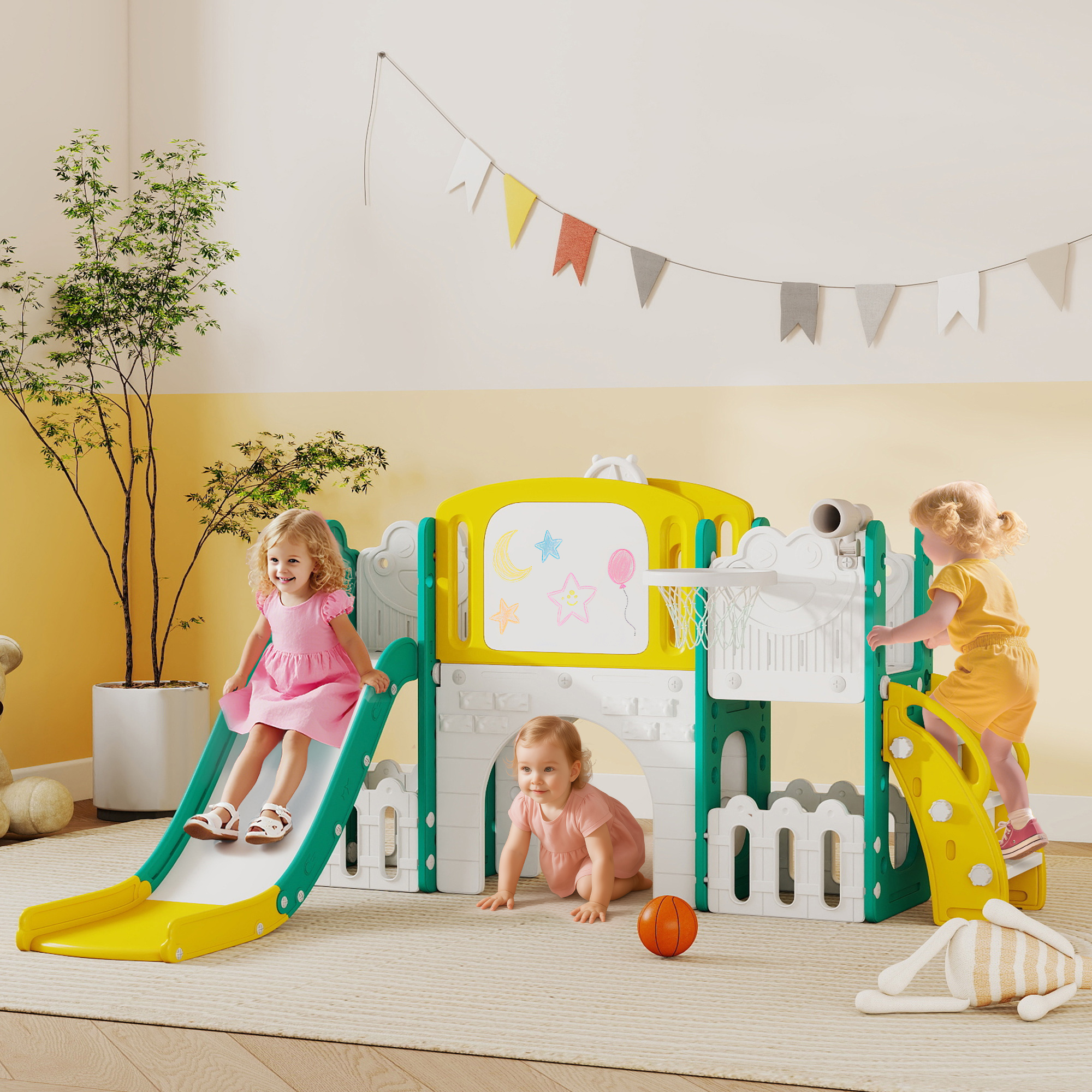 7-in-1 Rutschenset für Kleinkinder, Basketballkorb, Froschdesign, Klettergerüst, Schaukelsitz, für drinnen und draußen, Gelb+Grün