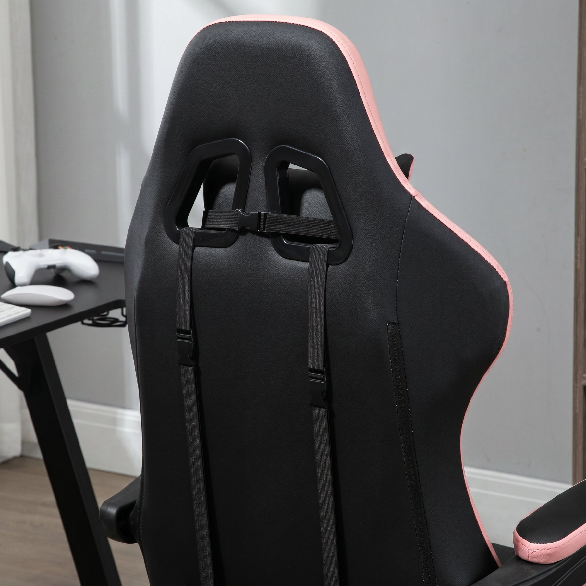 Bürostuhl, Gamingstuhl, 1 Kopfstütze, 1 Lendenstütze, Rosa + Schwarz