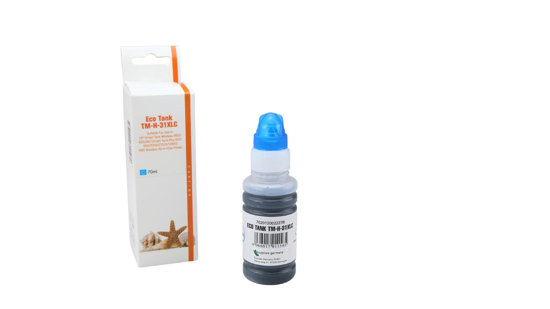 31C Eco Tank Nachfüllflasche Cyan für HP / 1VU26A / 70ml 31C Eco Tank Nachfüllflasche Cyan für HP / 1VU26A / 70ml