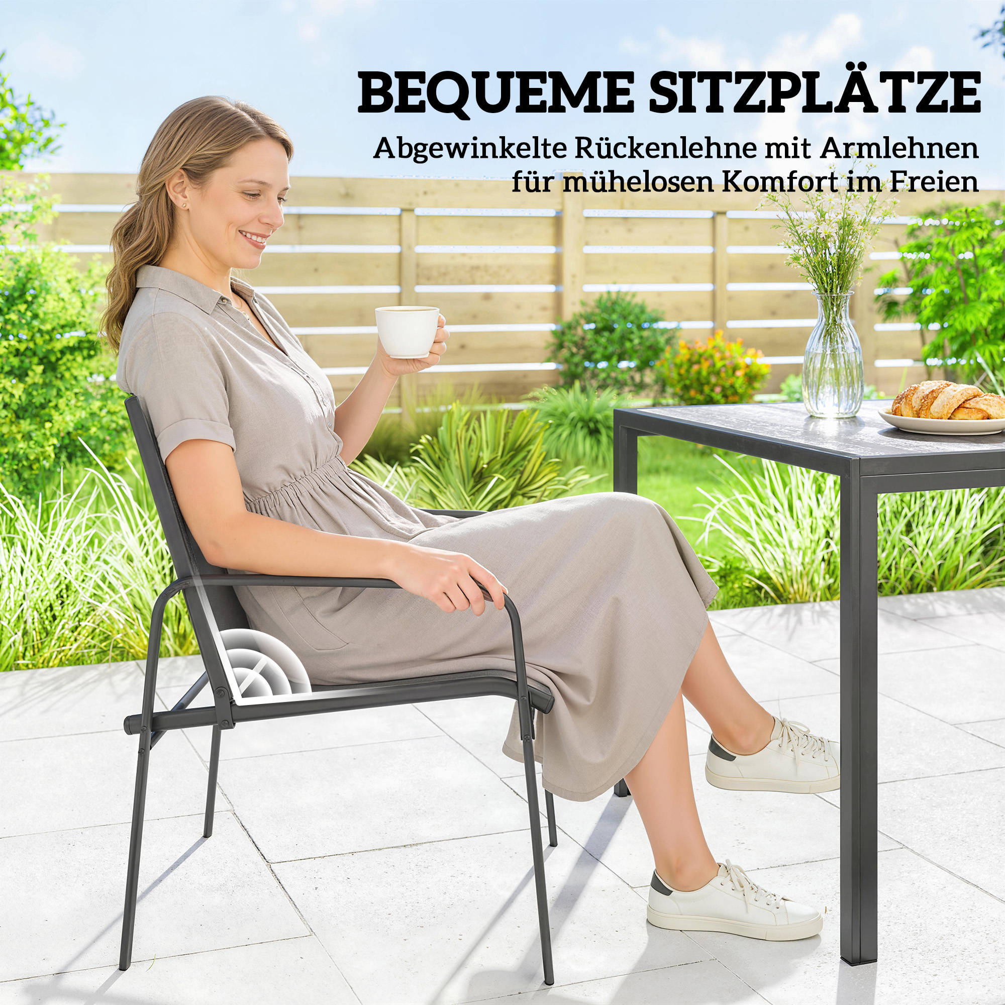 Gartenmöbel Set Sitzgruppe 150 x 80cm Tisch mit 6 Atmungsaktiven Stühlen Holzoptik Stahlrahmen Schwarz