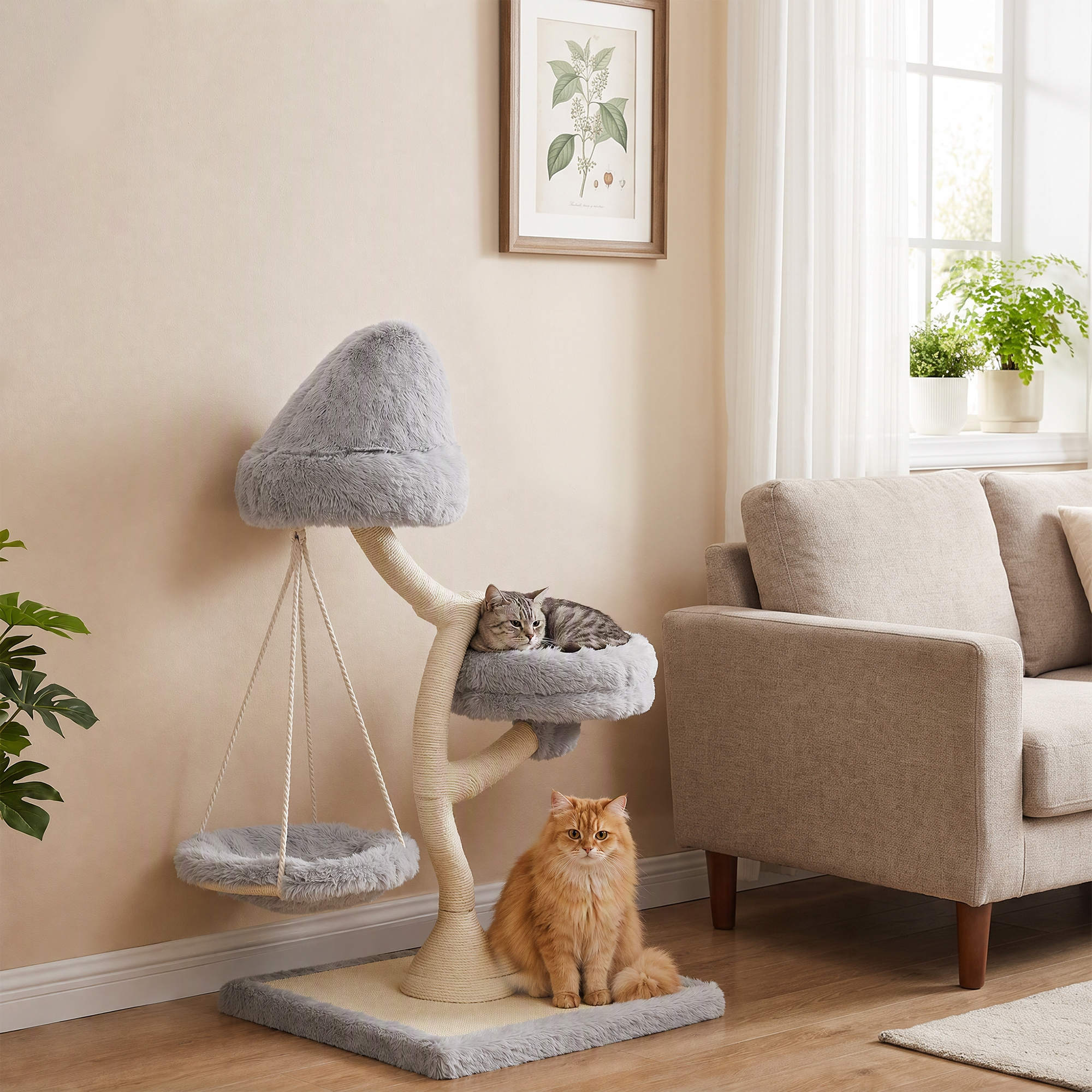 Kratzbaum 115 cm hoch Katzenbaum mit Baumform 2 waschbaren Betten Hängematte Sisal-Kratzstamm, für Katzen unter 6 kg
