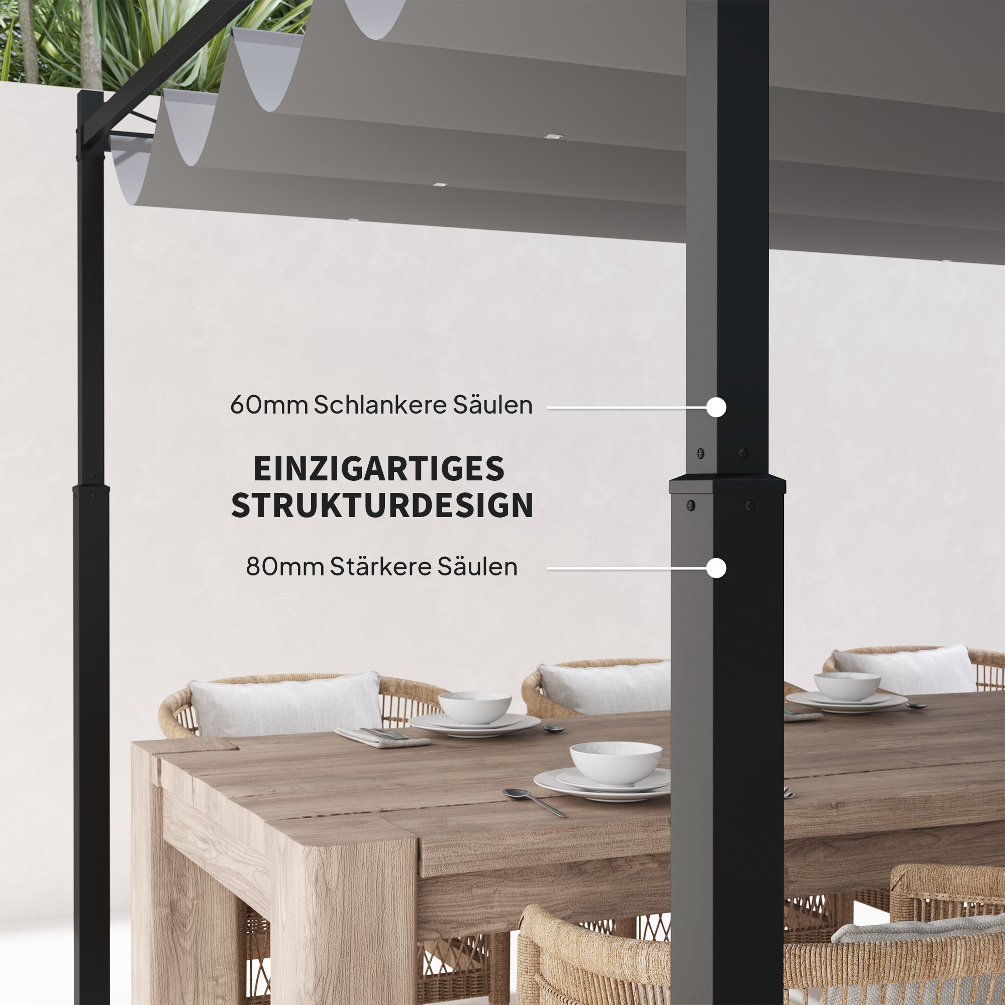 Pergola ca. 3x3 m Freistehend Terrassenüberdachung mit Schiebedach, magnetisches Pad, 8 cm Säule UV-beständig