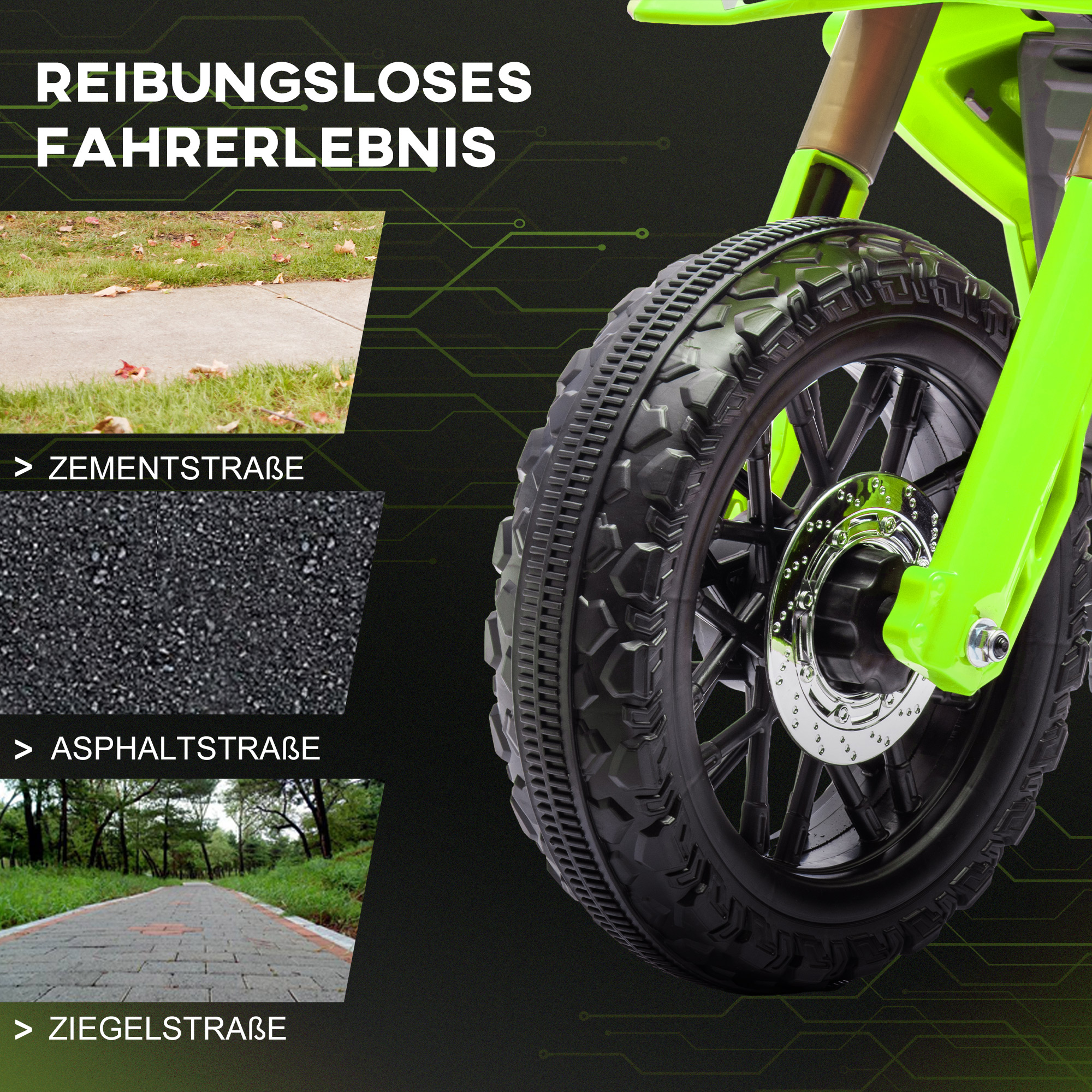 Elektro-Motorrad für Kinder, 6V Batterie-Antrieb, Stützräder, Hupe, Startgeräusch, 3-8 Jahre, Grün