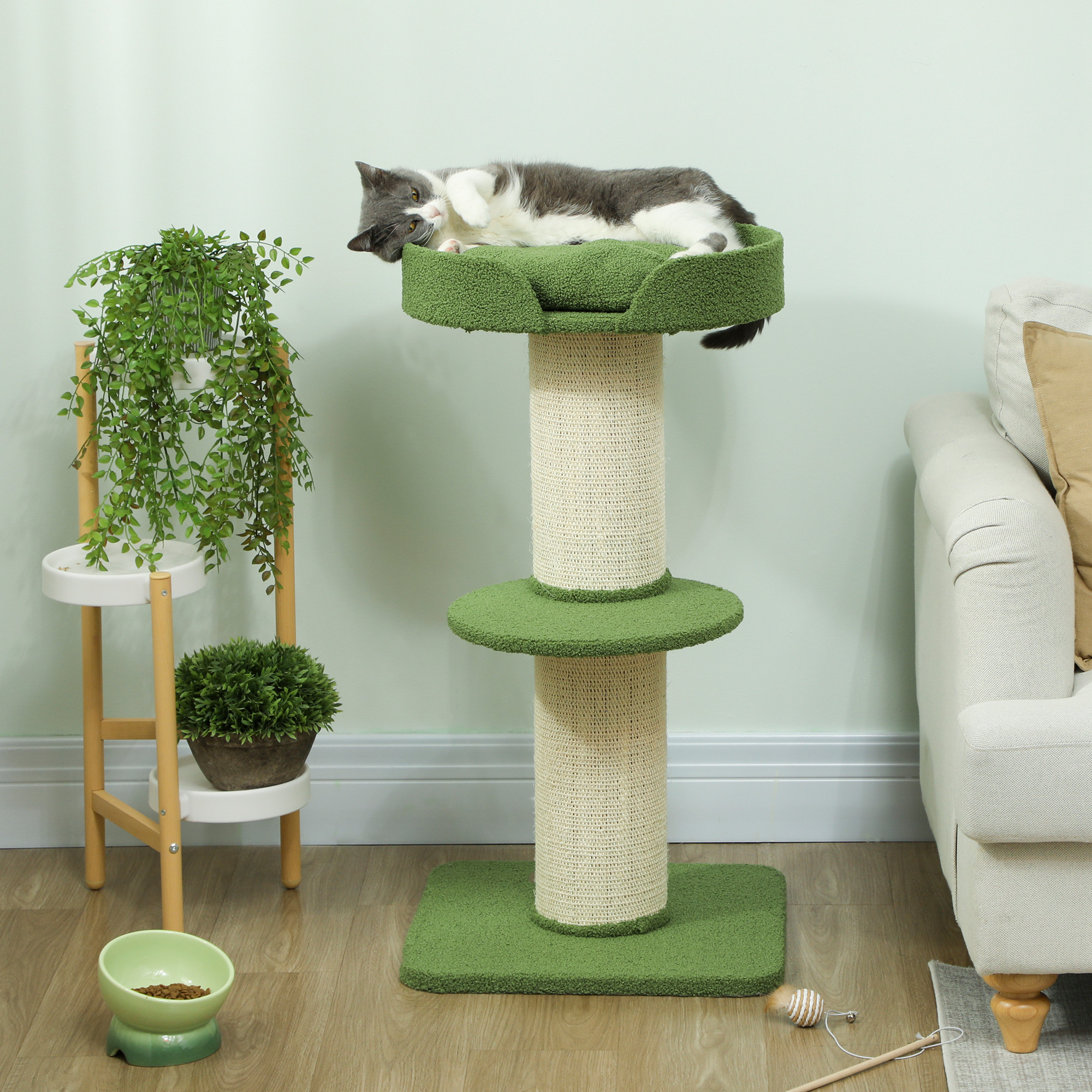 Katzenbaum  91cm Spielbaum mit Katzenbett, Plattform Lammwolle Grün