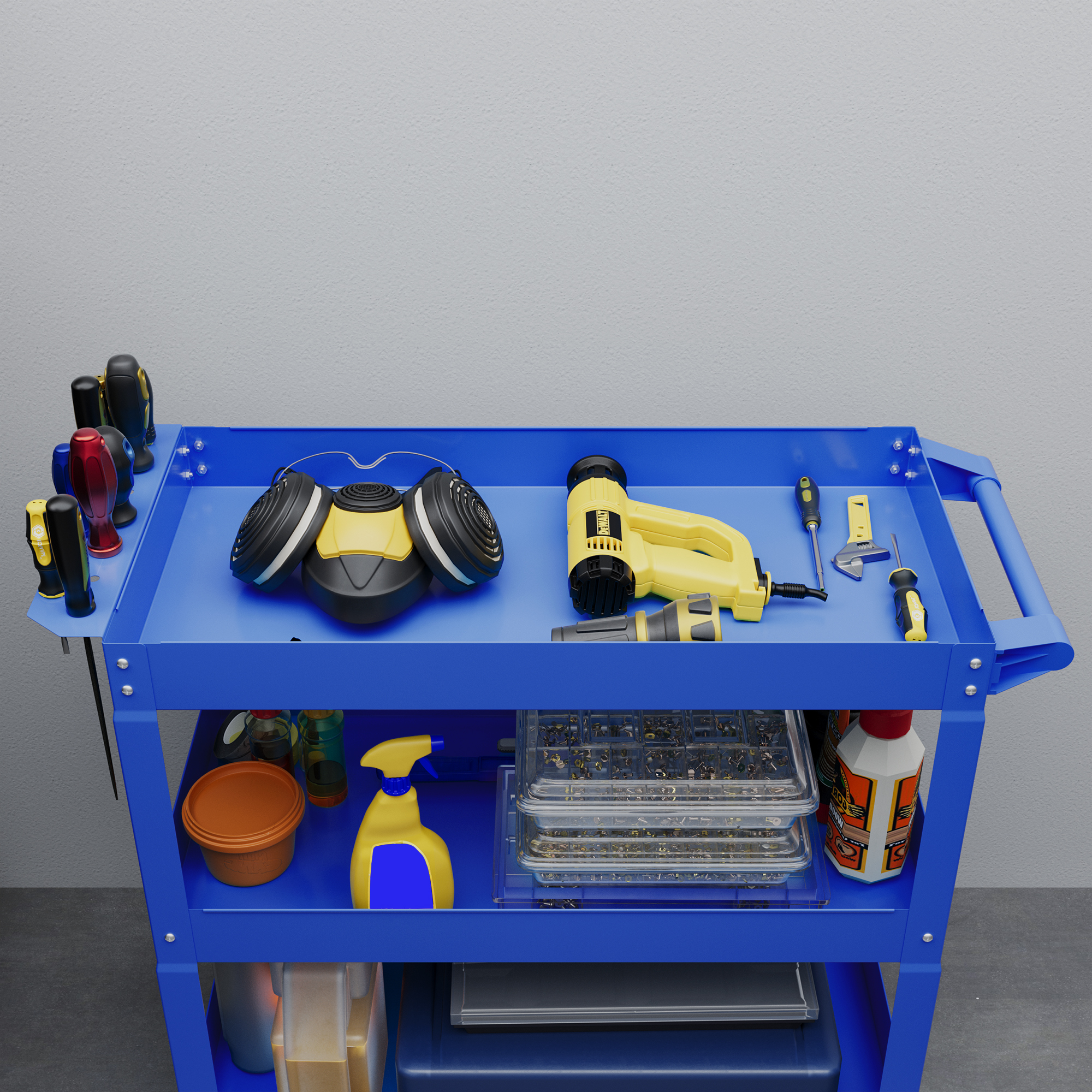 3-stufiger Werkzeugwagen, 4 Rollen, Stahl, 83B x 35,3T x 76H cm, Blau