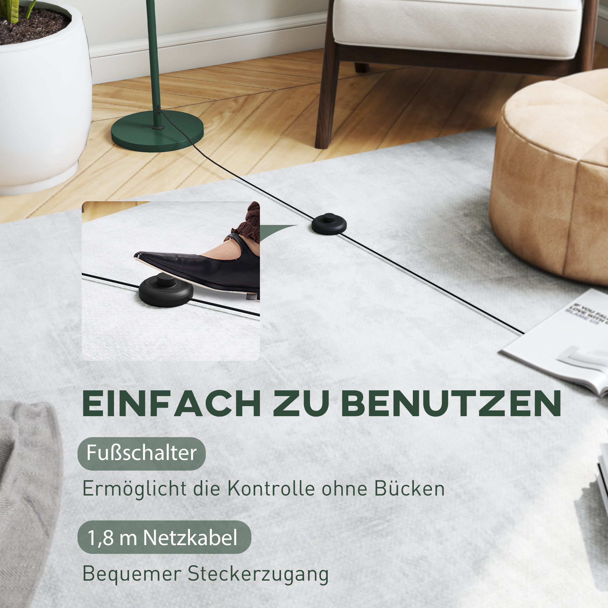 Stehlampe, runder Schirm, Fußschalter, langes Kabel, eleganter Look, Stahl, Grün