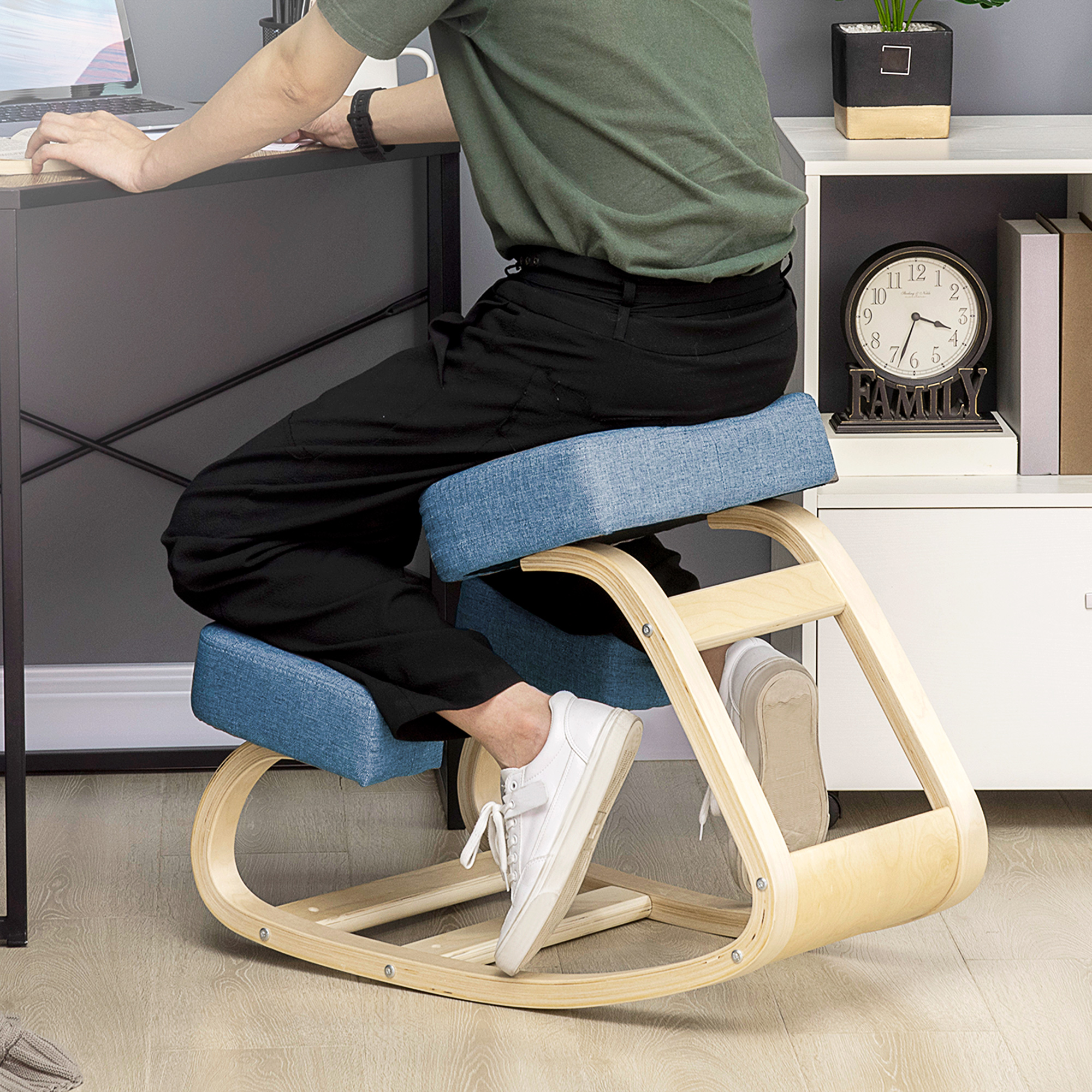 Kniestuhl, ergonomischer Sitzhocker, Polsterhocker für gesunde Sitzhaltung, Birkenholz, 120 kg belastbar, Blau