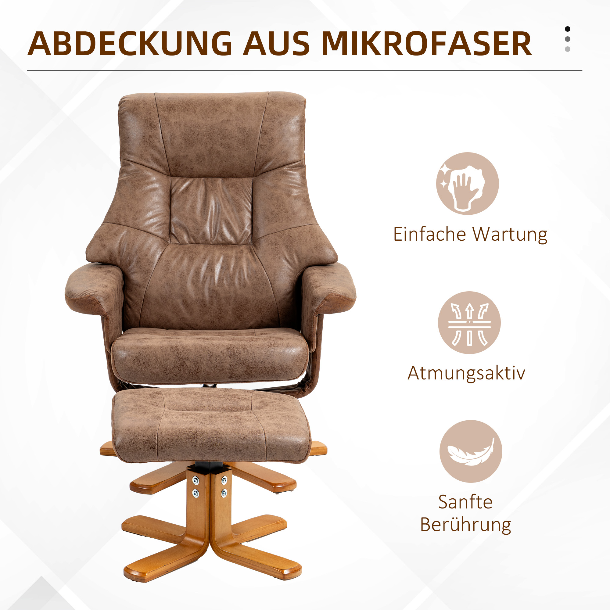 Relaxsessel mit Hocker, 360° drehbar, 135° neigbar, atmungsaktiver Bezug, 78 x 82,5 x 109 cm, braun