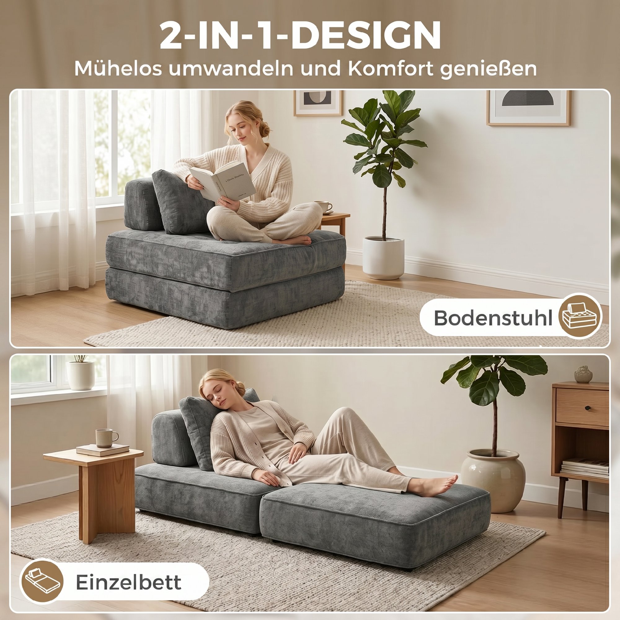 2-in-1 Boneless Cloud Schlafsessel, Klappbares Chenille-Bodensessel mit Dickem Stützkissen, Grau
