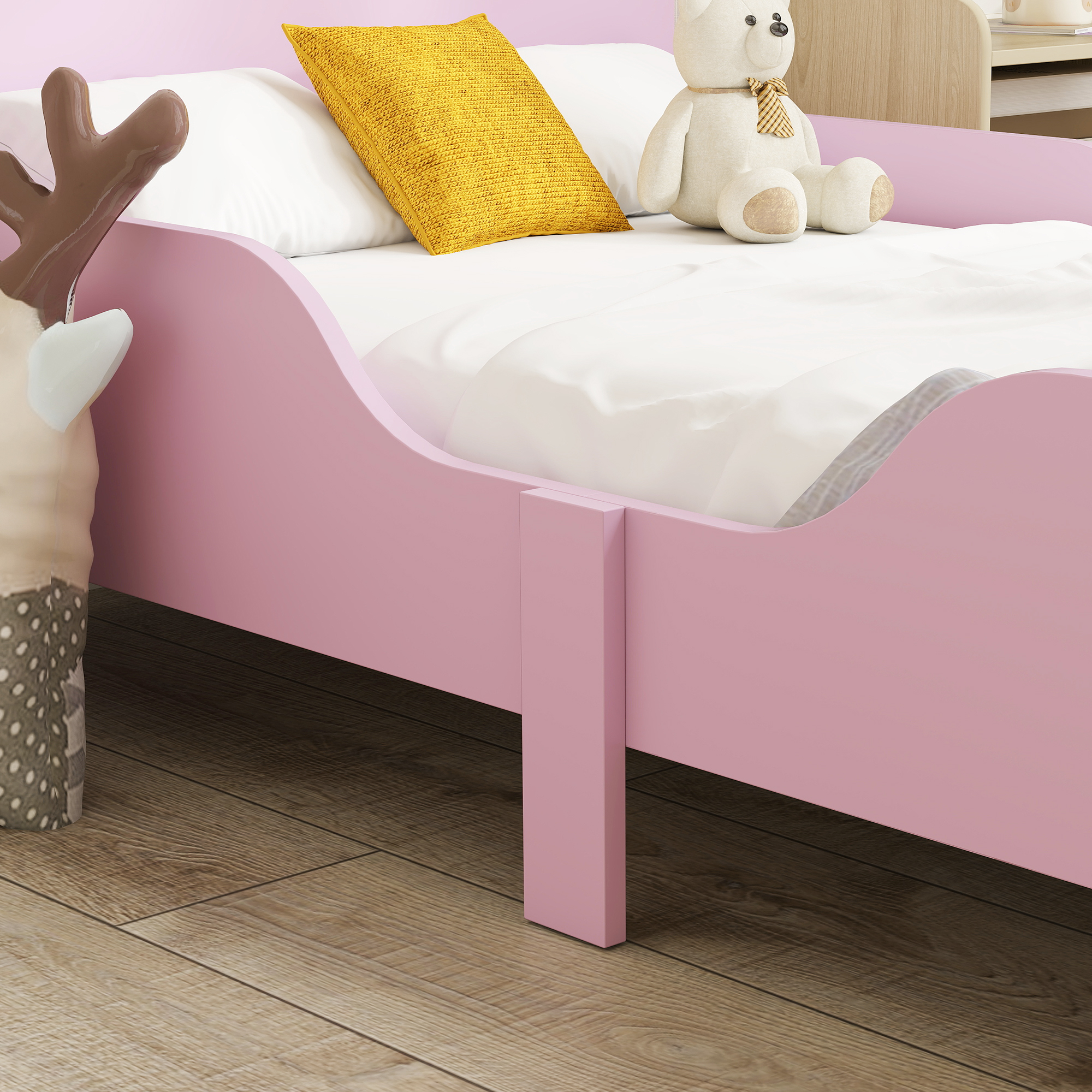 Kinderbettgestell, Einzelbettrahmen für Kinder, Schutzgitter, kleines Bett für Kinderzimmer, MDF, ohne Matratze, Rosa
