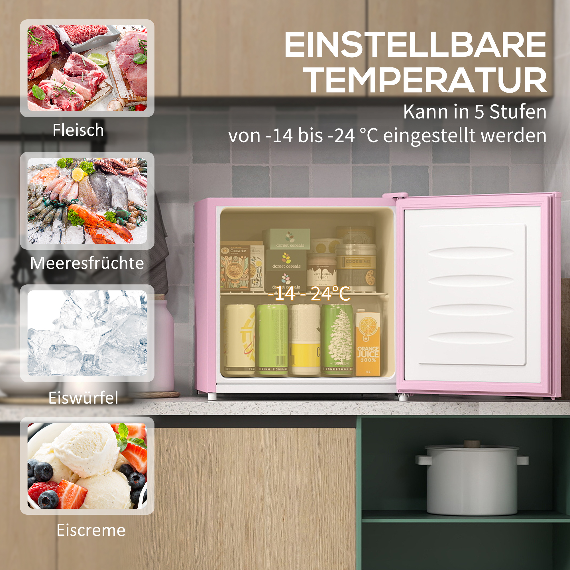 Tischgefrierschrank mit 35 Liter Kapazität, kleiner Gefrierschrank mit umkehrbarer Tür, Rosa