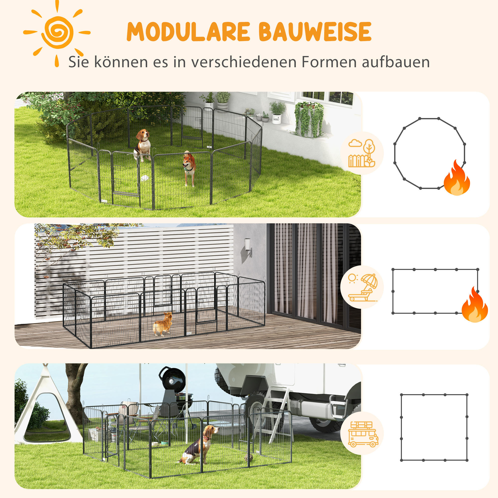 Welpenauslauf, Haustiergehege, 12 Paneele je 80x80 cm, 2 Türen, Stahlrahmen, Grau