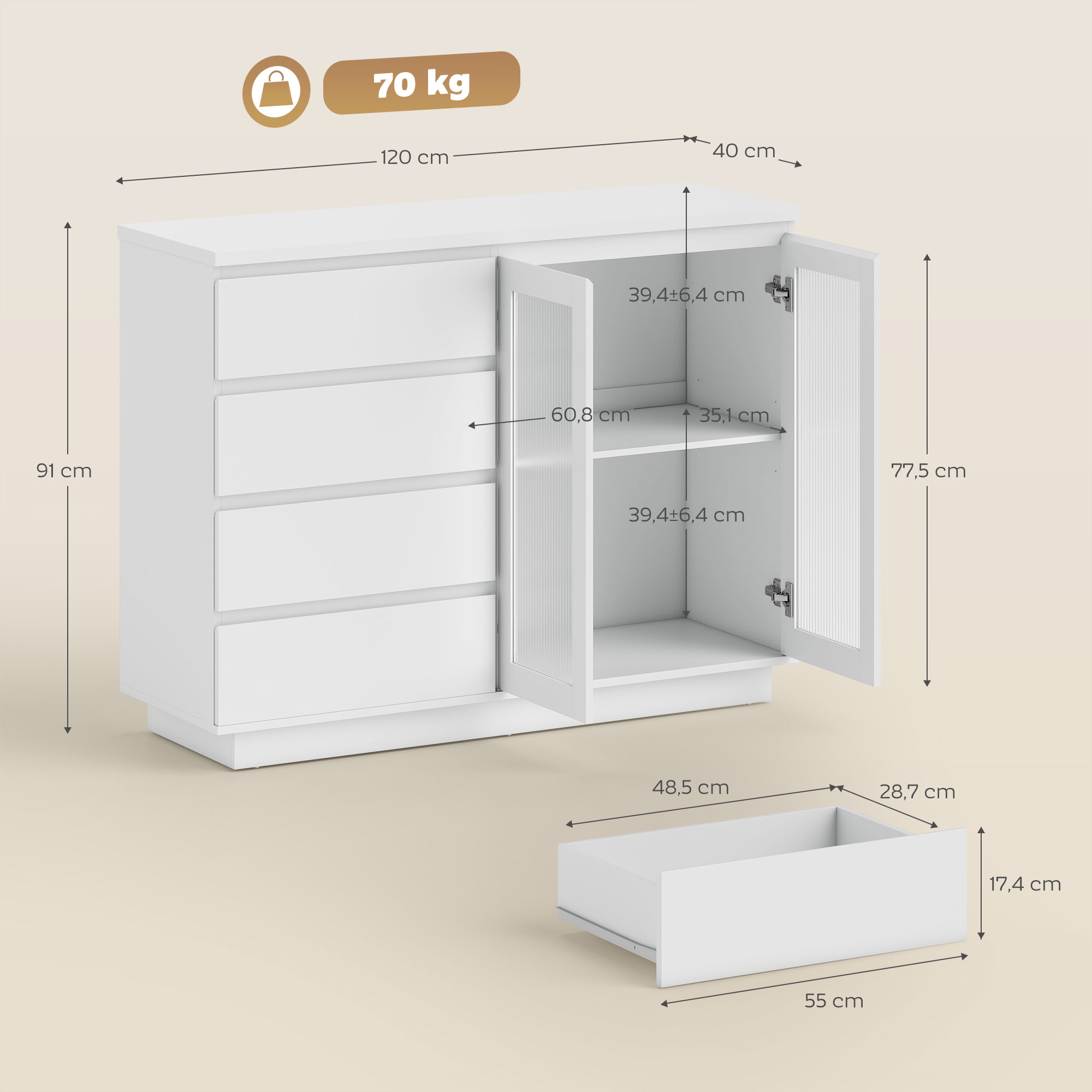 Buffetschrank, Sideboard mit 4 Schubladen, 2 Glastüren, modernes Design, MDF, Weiß