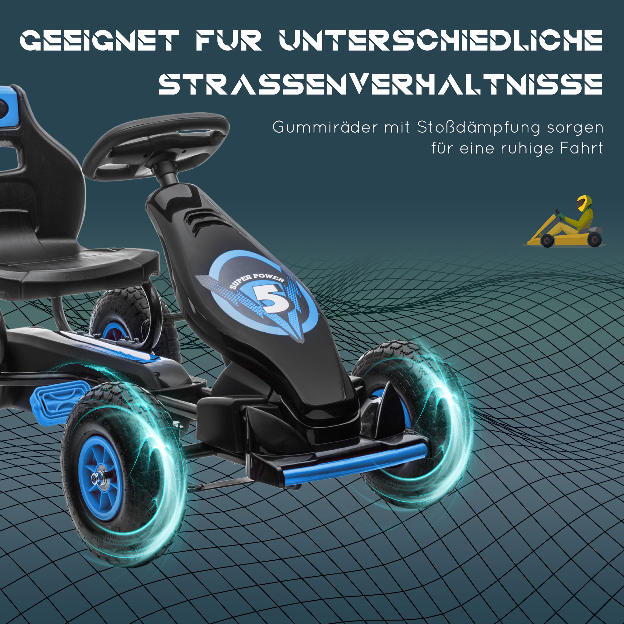 Kinder-Gokart, mit Pedalen, verstellbarem Sitz, In- und Outdoor, ab 5 Jahren, blau+schwarz, 121 x 58 x 61 cm