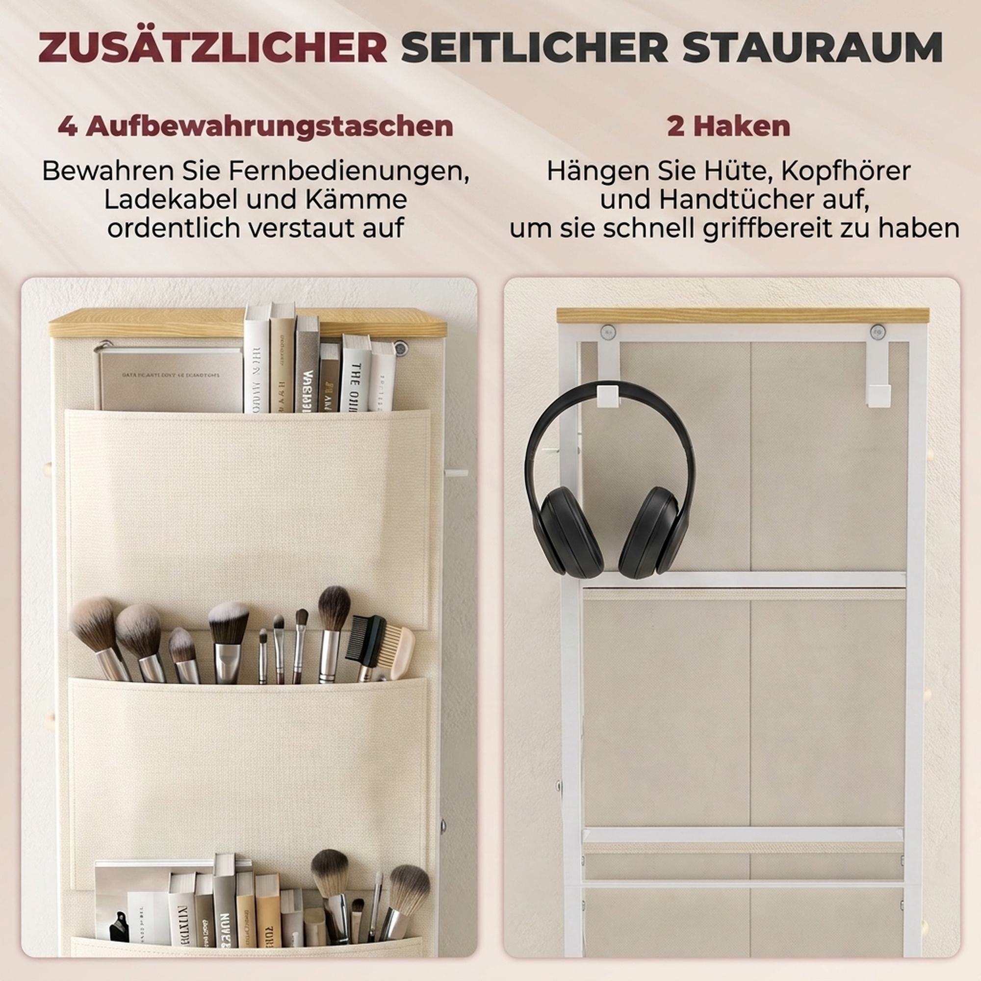 Schlafzimmer-Kommode mit 8 Stoffschubladen, Stahlstreben, Holzoberfläche, 4 Aufbewahrungstaschen, 2 Haken, Beige