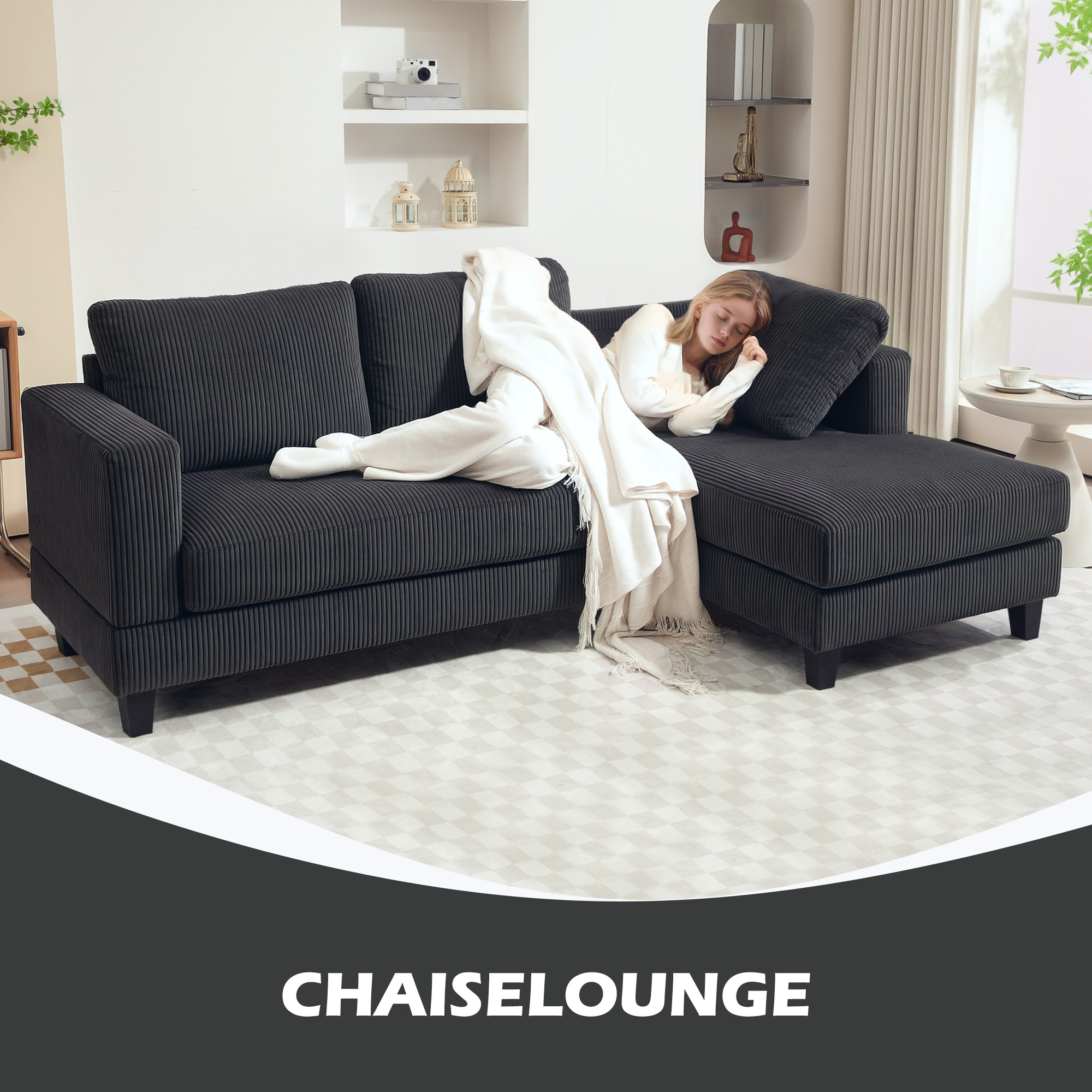 Ecksofa, L-förmiges 3-Sitzer-Sofa mit Chaiselongue, Holzkonstruktion, 8 Beine, Cordstoff, Schaumstoffpolsterung, Grau