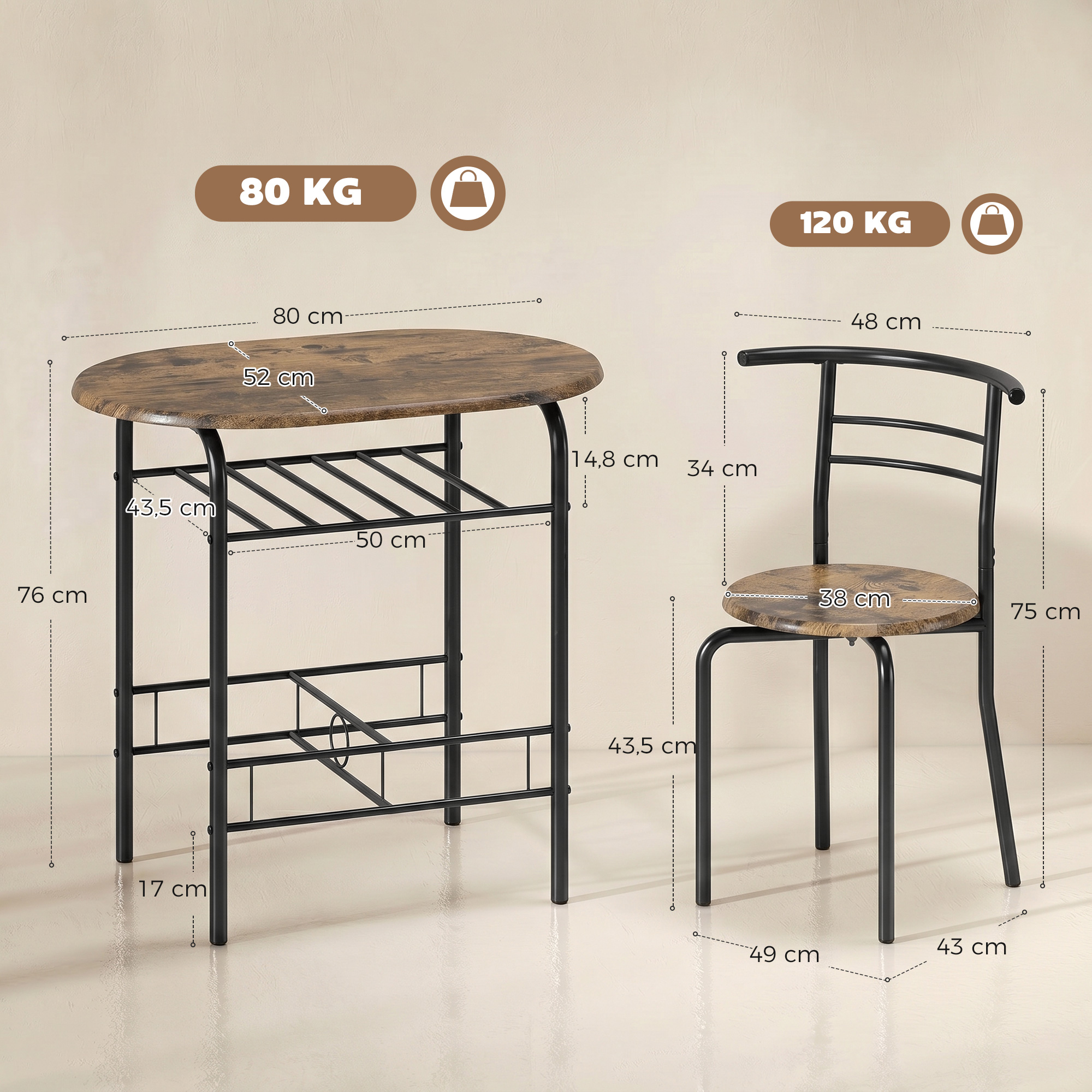 Essgruppe 3-teilig, Küchentisch und Stühle für 2 Personen mit Regal, Wohnzimmer, Rustikal-Braun Holz-Optik