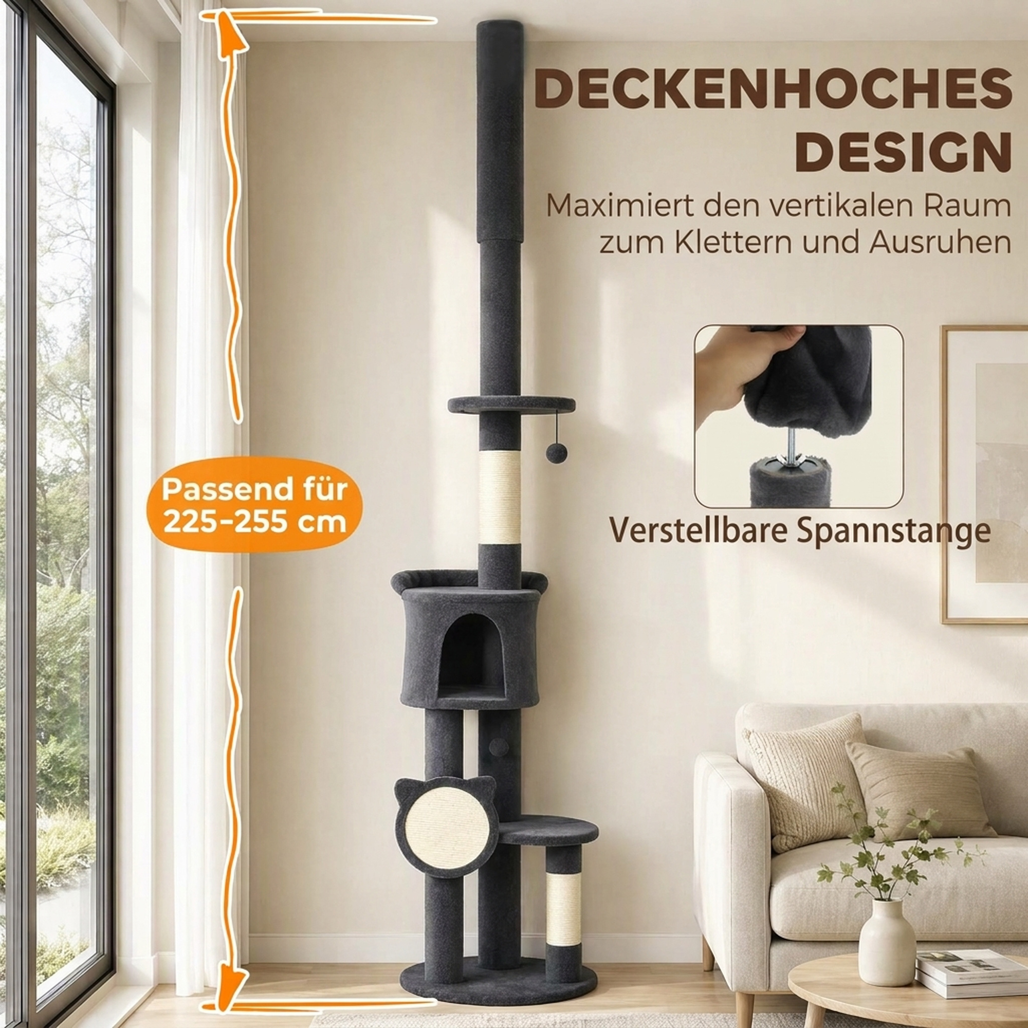 Kratzbaum Deckenhoch 225–255 cm höhenverstellbar Katzenbaum mit 5 Etagen Sisal-Kratzstämmen, Kratzbrett Hängematte