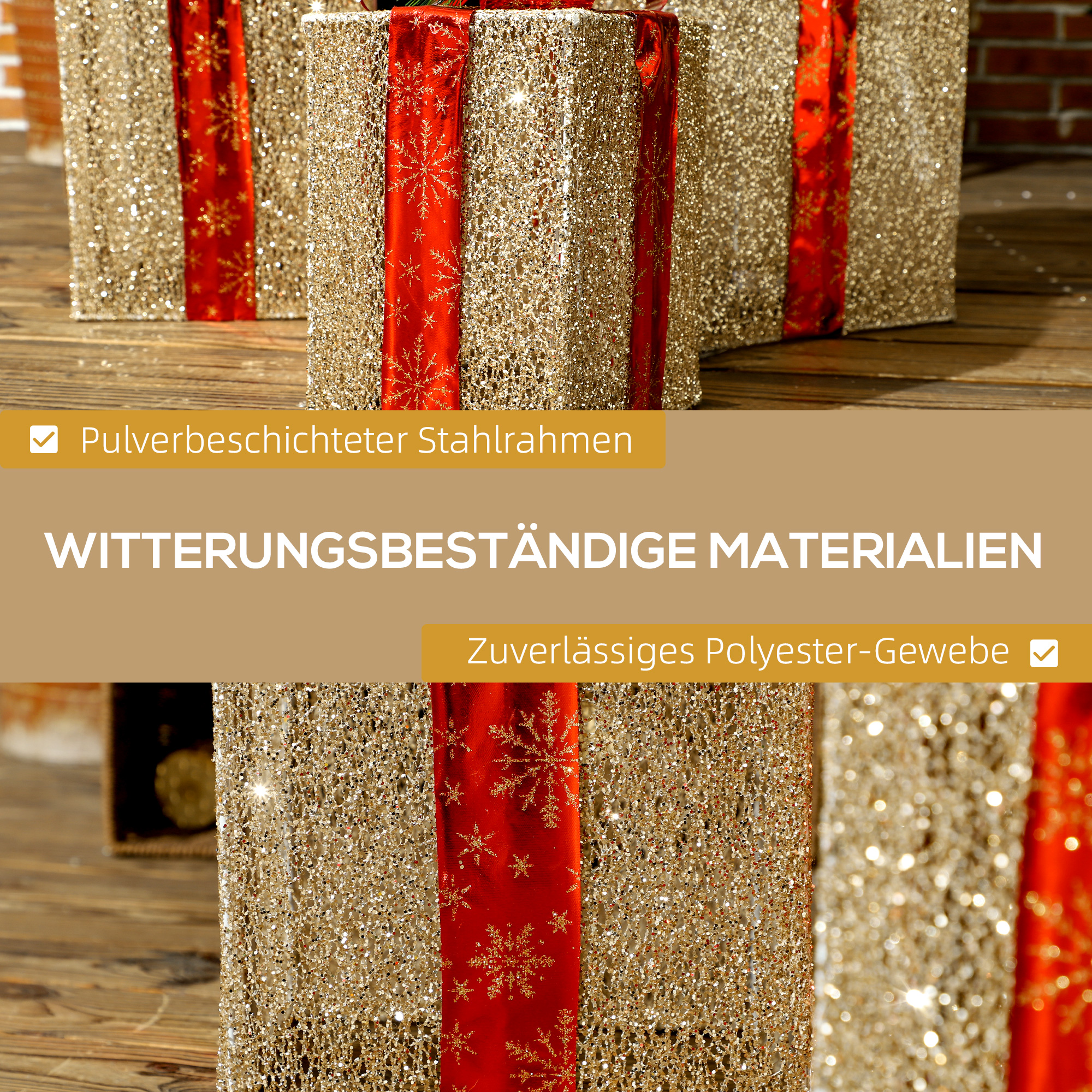 3-teiliges Weihnachts-Geschenkboxen-Set für Innen- und Außendekoration, mit 58 LED-Lichtern, Goldton
