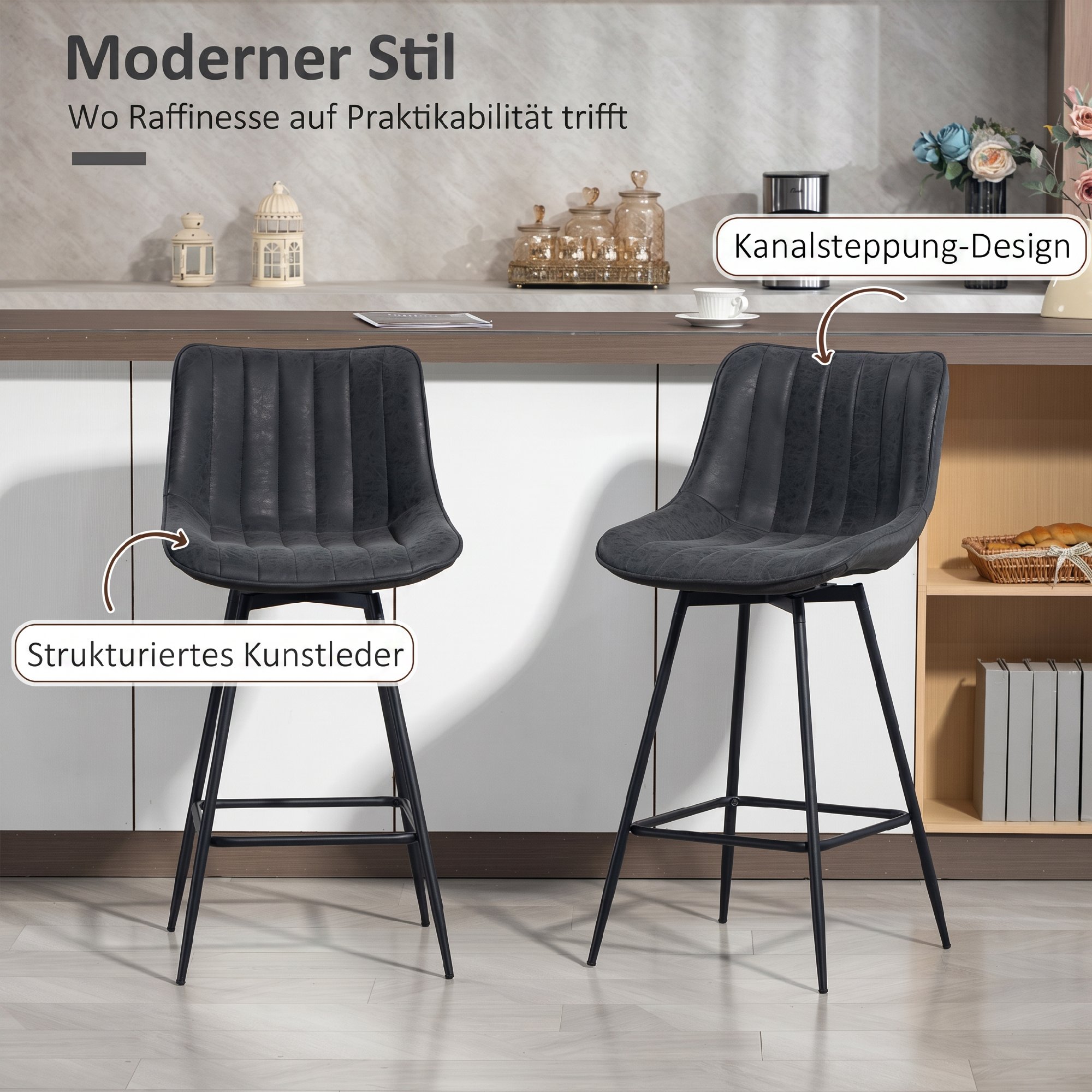 Barhocker Set aus 2, 68 cm drehbare Tresenhocker mit Rückenlehne für Kücheninsel, Esszimmer, Schwarz