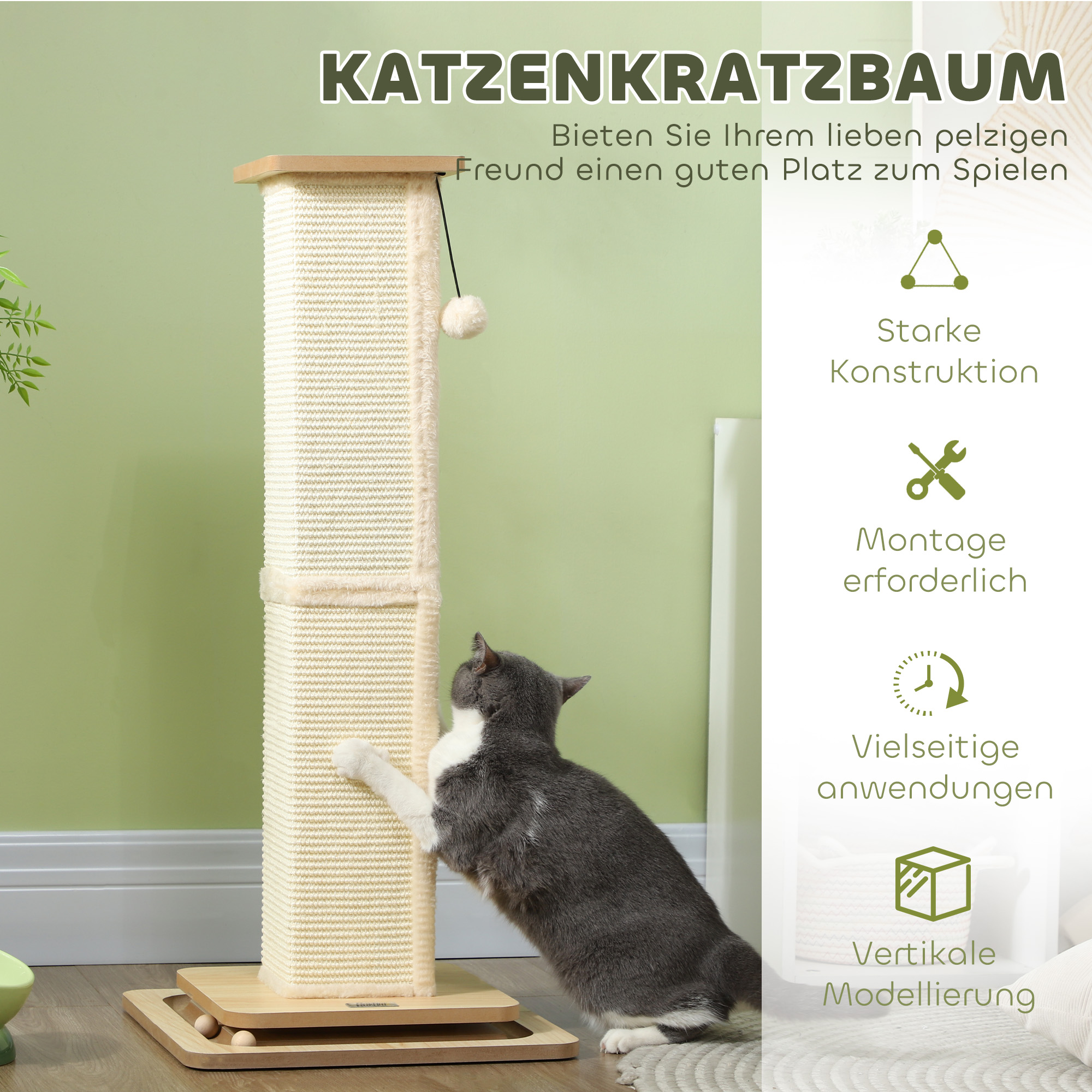 3-in-1-Kratzbaum mit Spielschiene, Spielball, Sisal, bis 10 kg, 39,5 x 39,5 x 87 cm, Eiche/Creme
