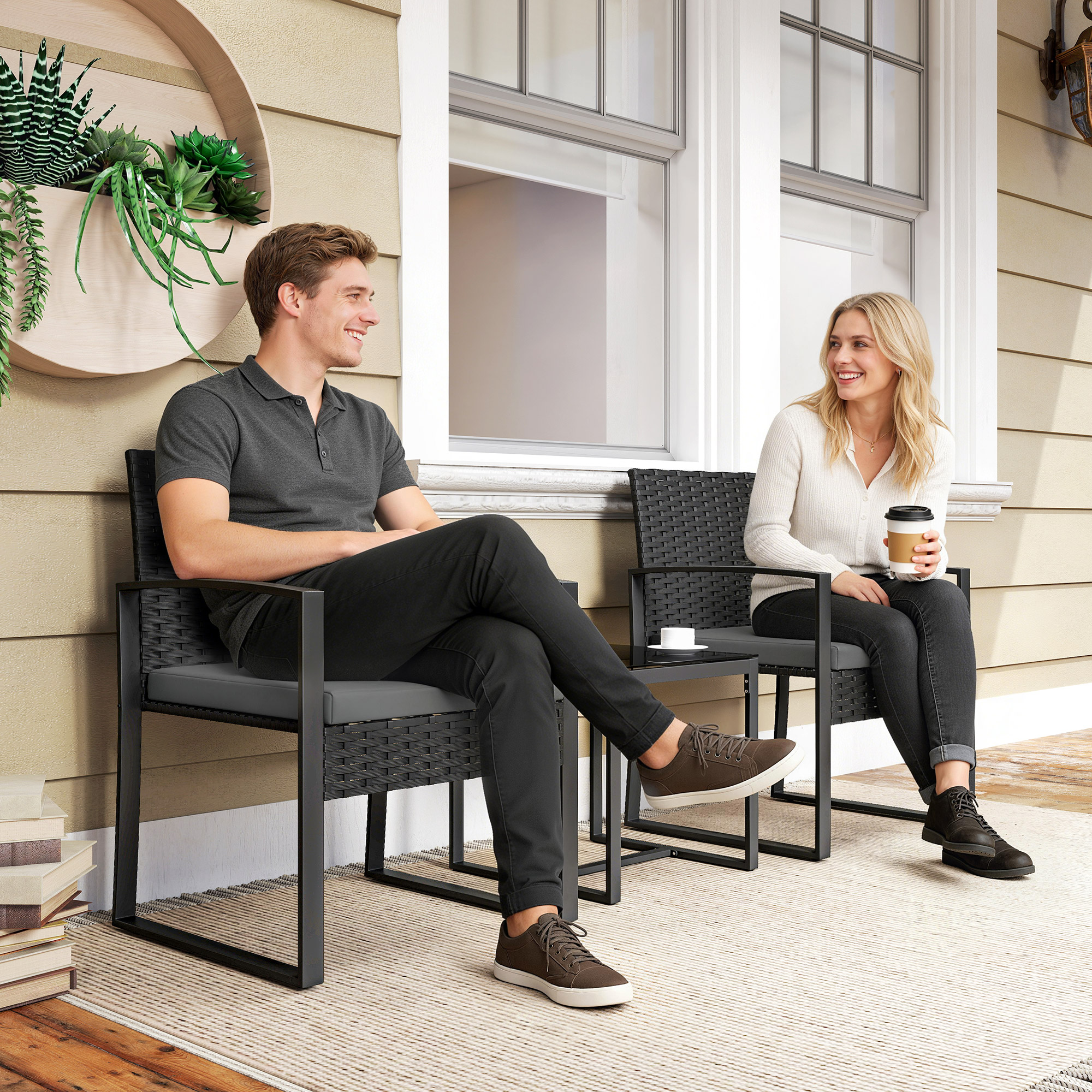 Rattan Bistroset, 3 teiliges Gartenmöbel-Set mit 2 Gartenstühlen, Couchtisch, abnehmbar Kissen Dunkelgrau