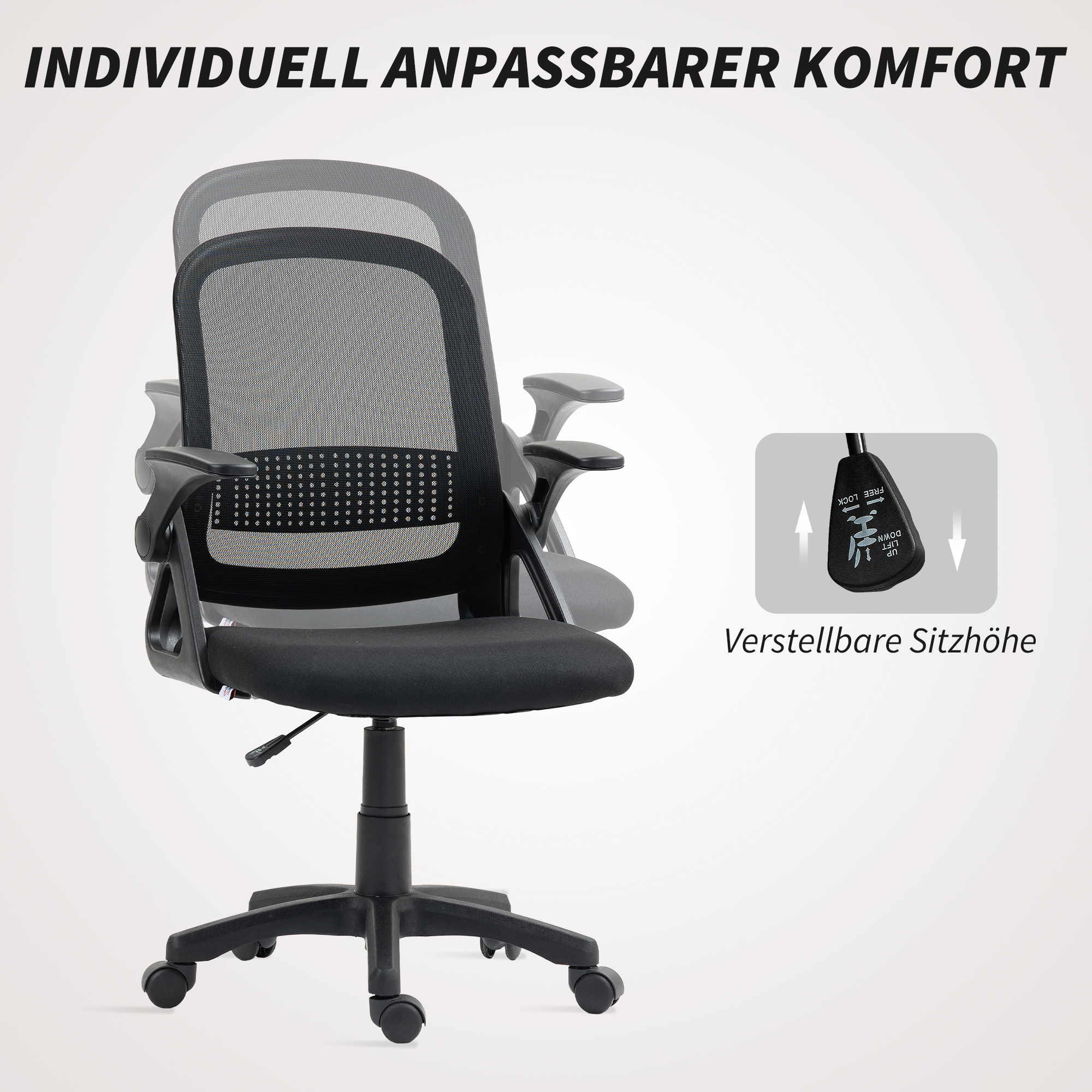 atmungsaktiver Mesh-Bürostuhl, Ergonomischer Drehstuhl mit klappbaren Armlehnen und Lendenwirbelstütze, Schwarz