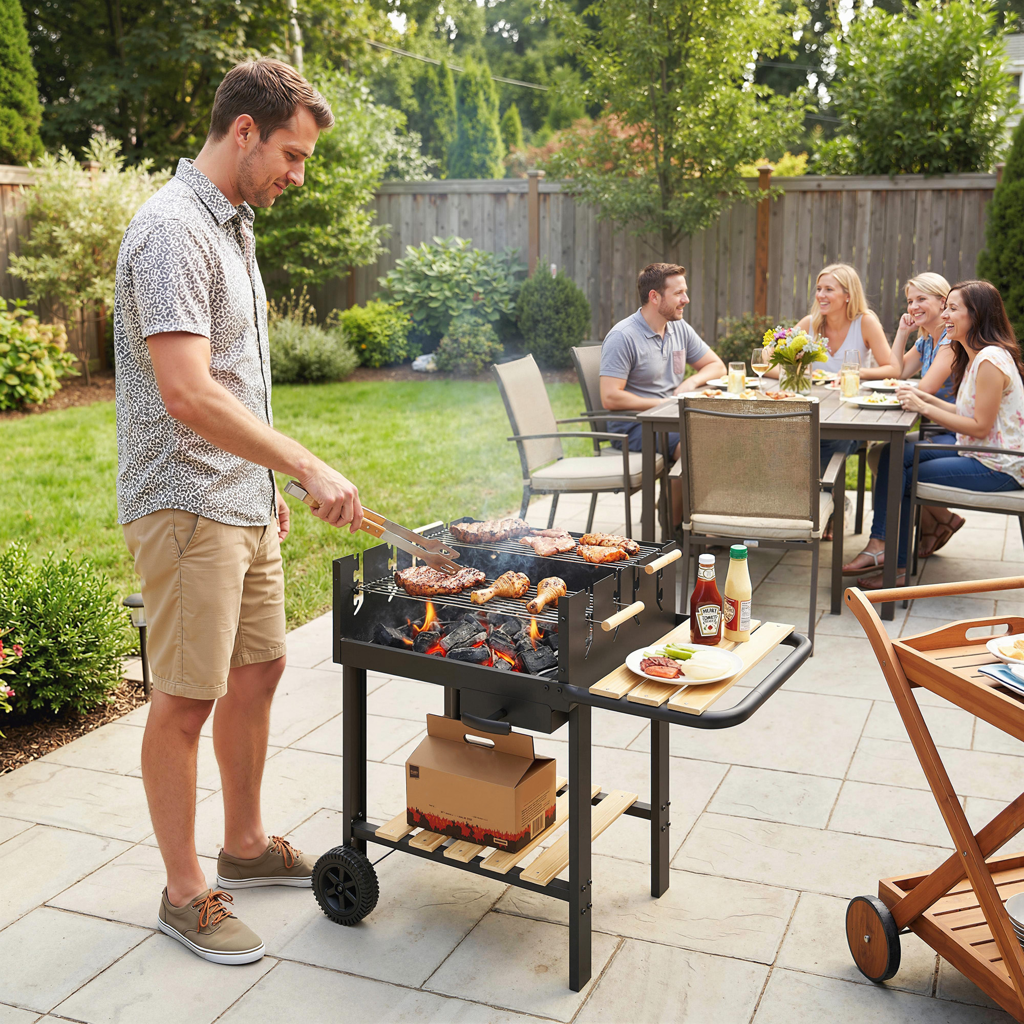 Holzkohlegrill Grillwagen mit 4-fach höhenverstellbarer Grillrost 2 Holzablage 2 Räder Aschebehälter 99,5 x 58 x 82 cm