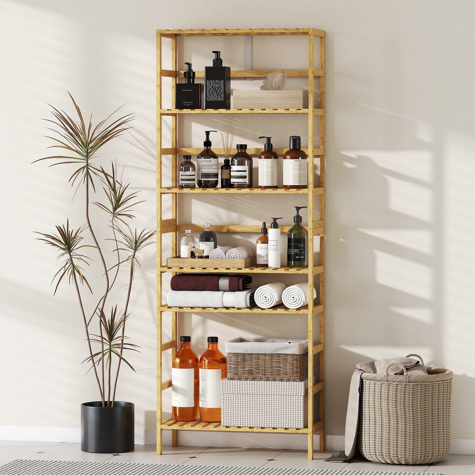 6-Ebenen-Regal aus Bambusholz, verstellbare Regalböden, freistehendes Aufbewahrungsregal, Naturholz