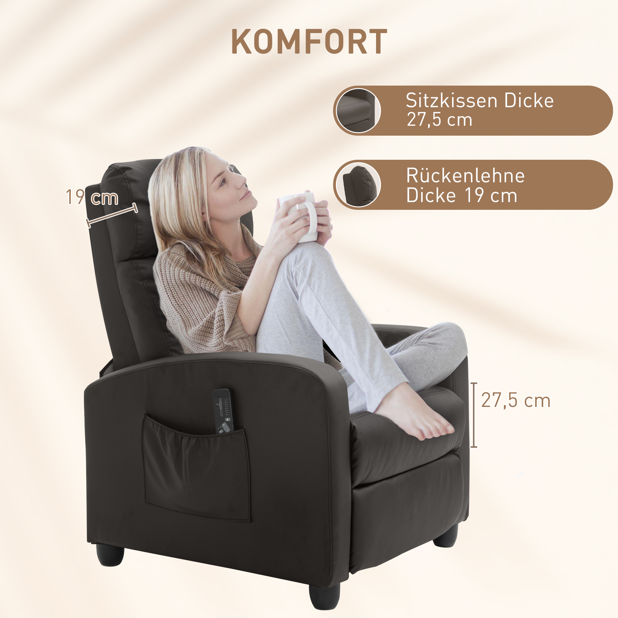 Relaxsessel Fernsehsessel mit Vibrationsmassage, Liegefunktion, 2 Massagepunkte, Fernbedienung, 68 x 88 x 98 cm Braun