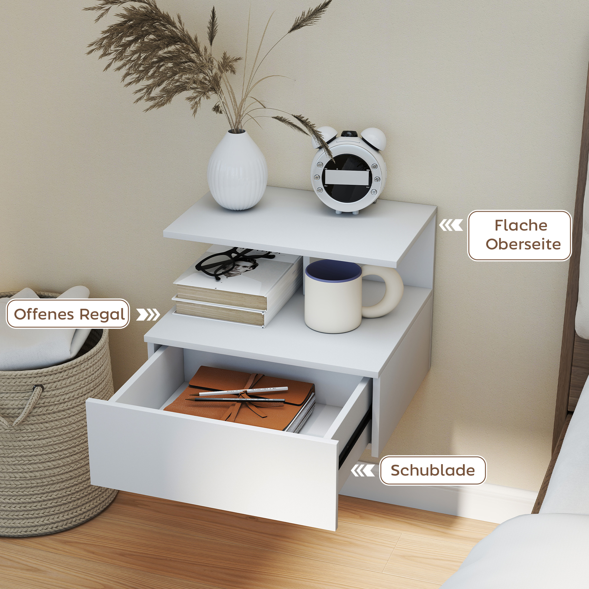 Nachttisch hängend Beistelltisch mit Schublade, offenes Fach Weiß, 39,8 x 35 x 31,6 cm