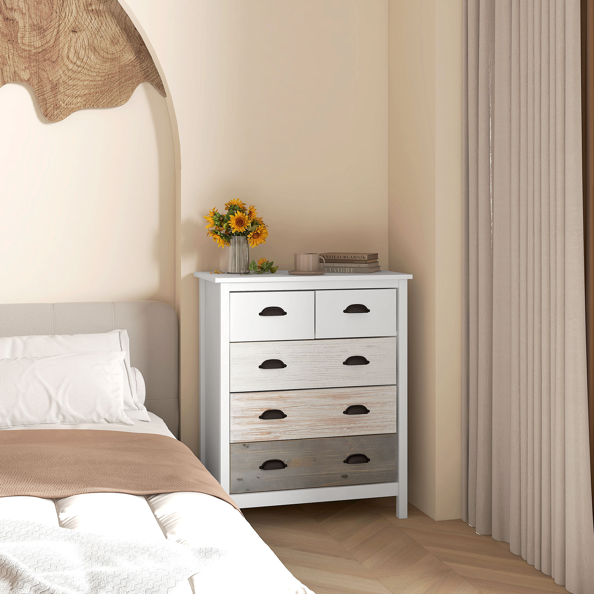Sideboard, Kommode, 5 Schubladen, lackierte Oberfläche, MDF & Kiefernholz, 70 x 38 x 85 cm, Weiß
