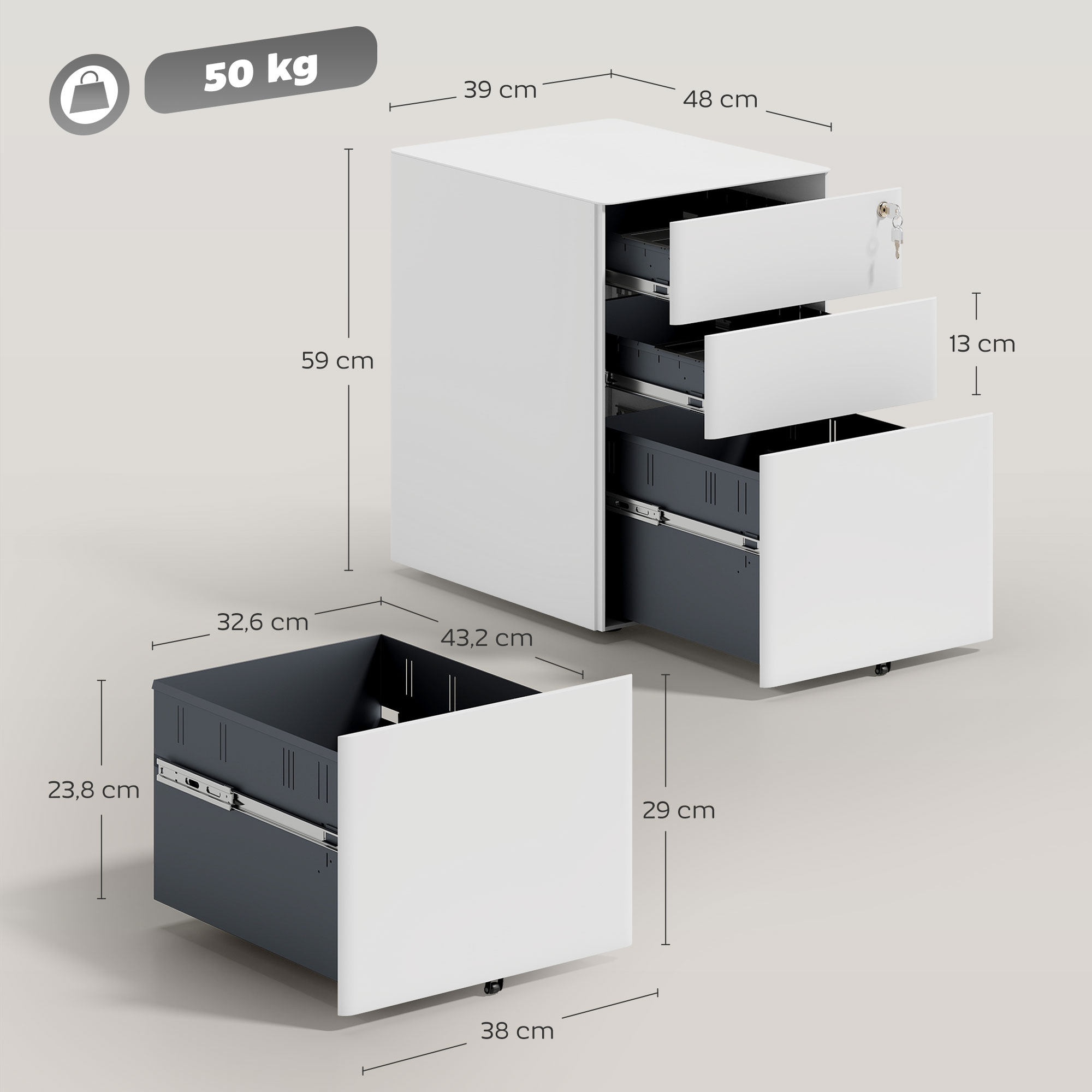 Rollcontainer mit 3 Schubladen mobiler Aktenschrank mit Rollen abschließbar Büroschrank mit Hängeregistratur Stiftfach, Bürocontainer für Büro, Homeoffice, 39 x 48 x 59 cm Weiß