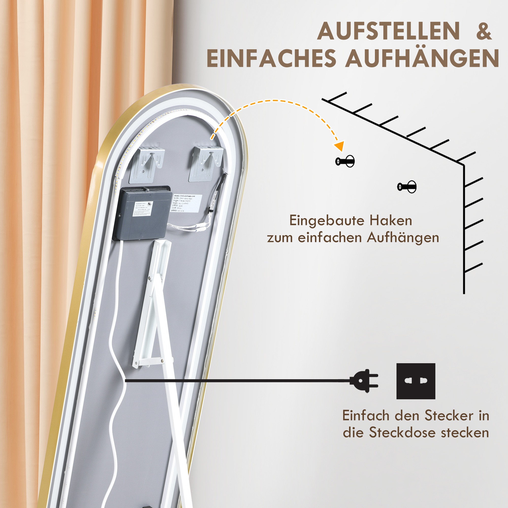 Standspiegel Wandspiegel Ganzkörperspiegel inklusive Wandbefestifung, 151,5 x 50 x 4 cm, Gold