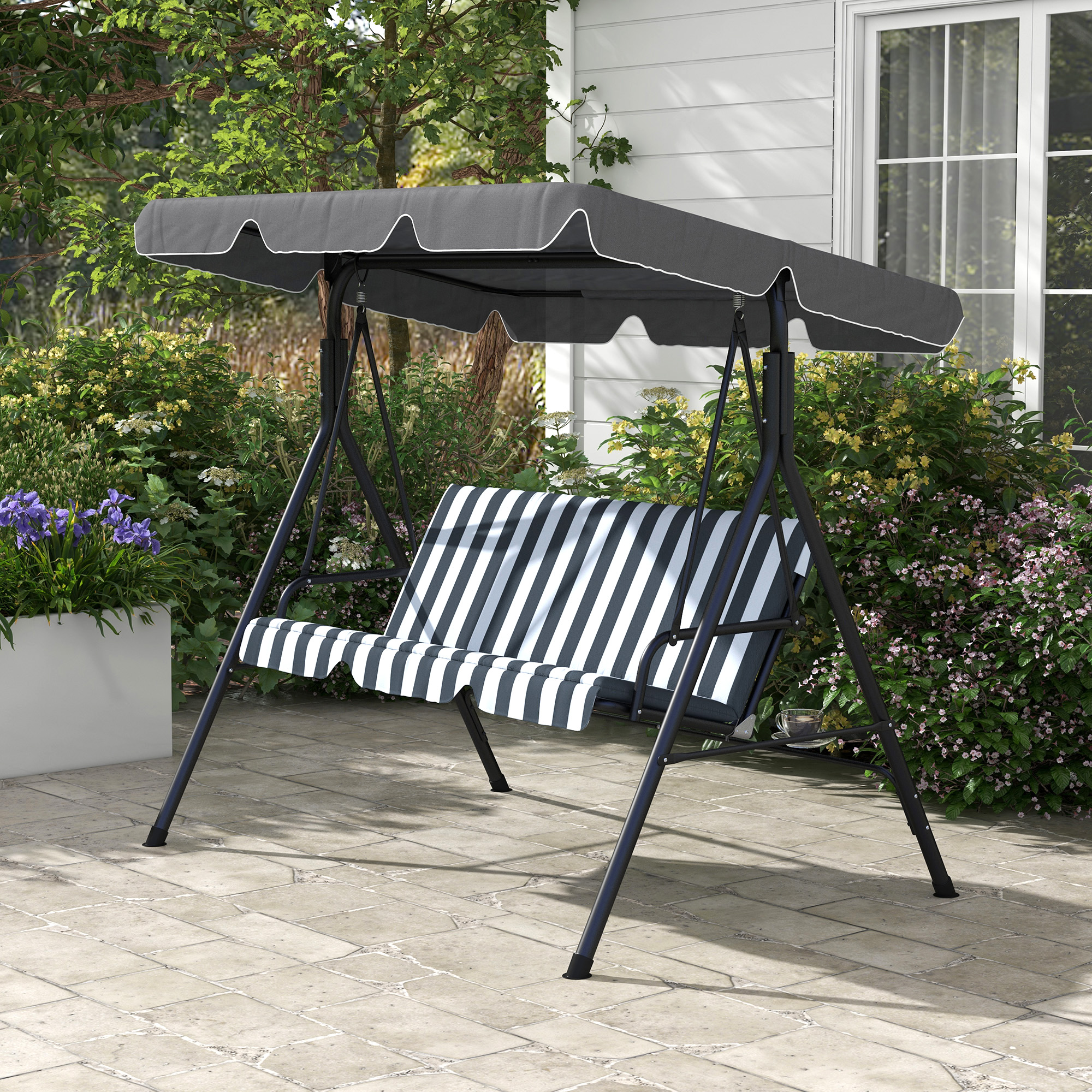Hollywoodschaukel, Gartenschaukel, 3-Sitzer Schaukelbank mit Dach, Stahl, 172 x 110 x 153 cm, Grau+Weiß